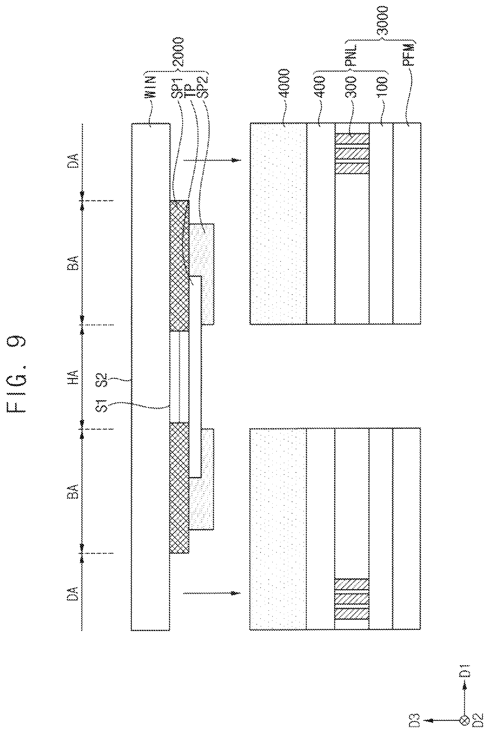 Patent US12310177 Figure 9 – Display device with window having stack of transparent and light-blocking patterns, and method of manufacturing the same