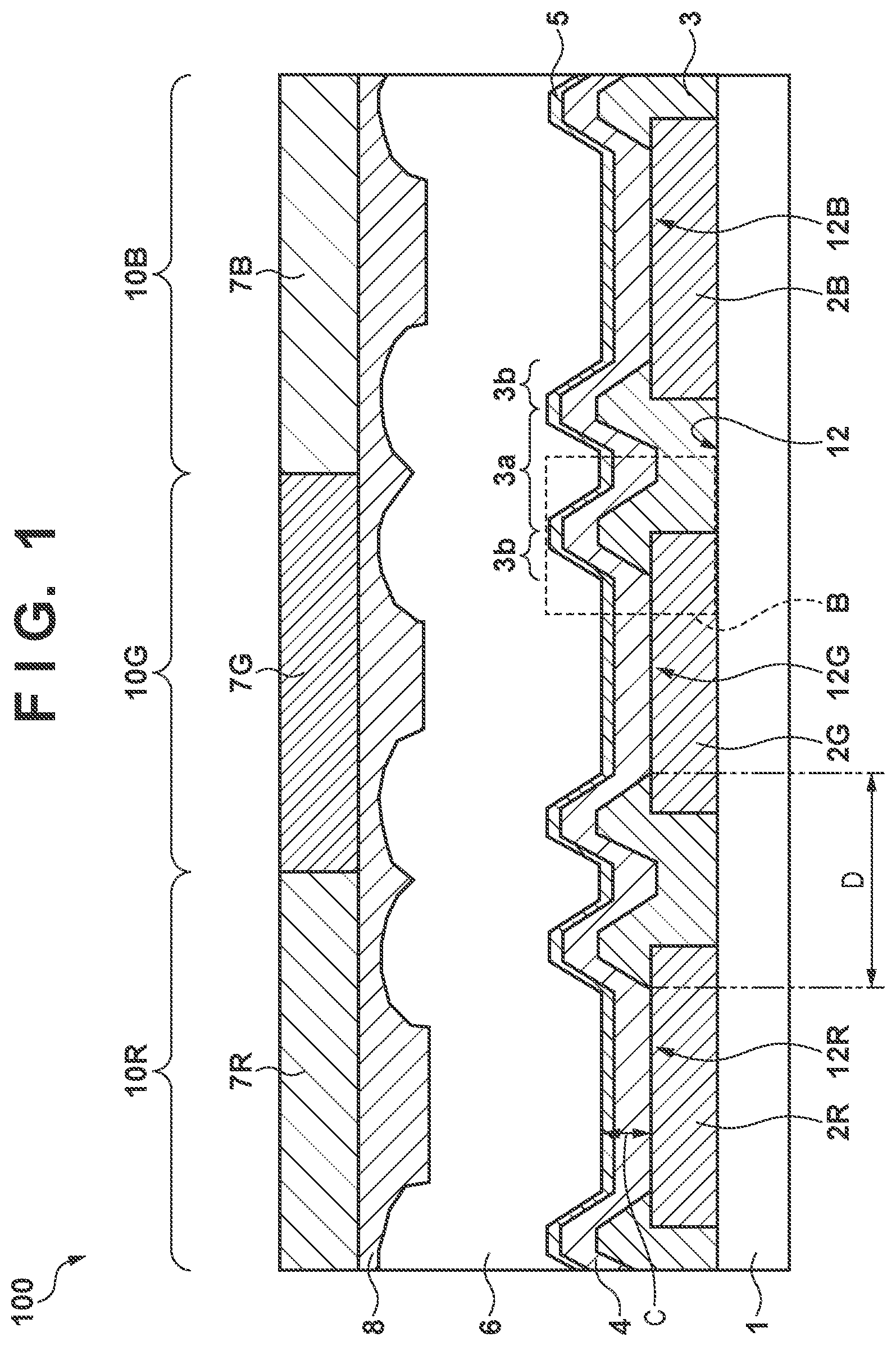 Patent US12310183 Figure 1 – Organic device having an insulating layer with an upper surface including a slope portion with an angle between 50° and 180° with respect to a surface parallel to a main surface