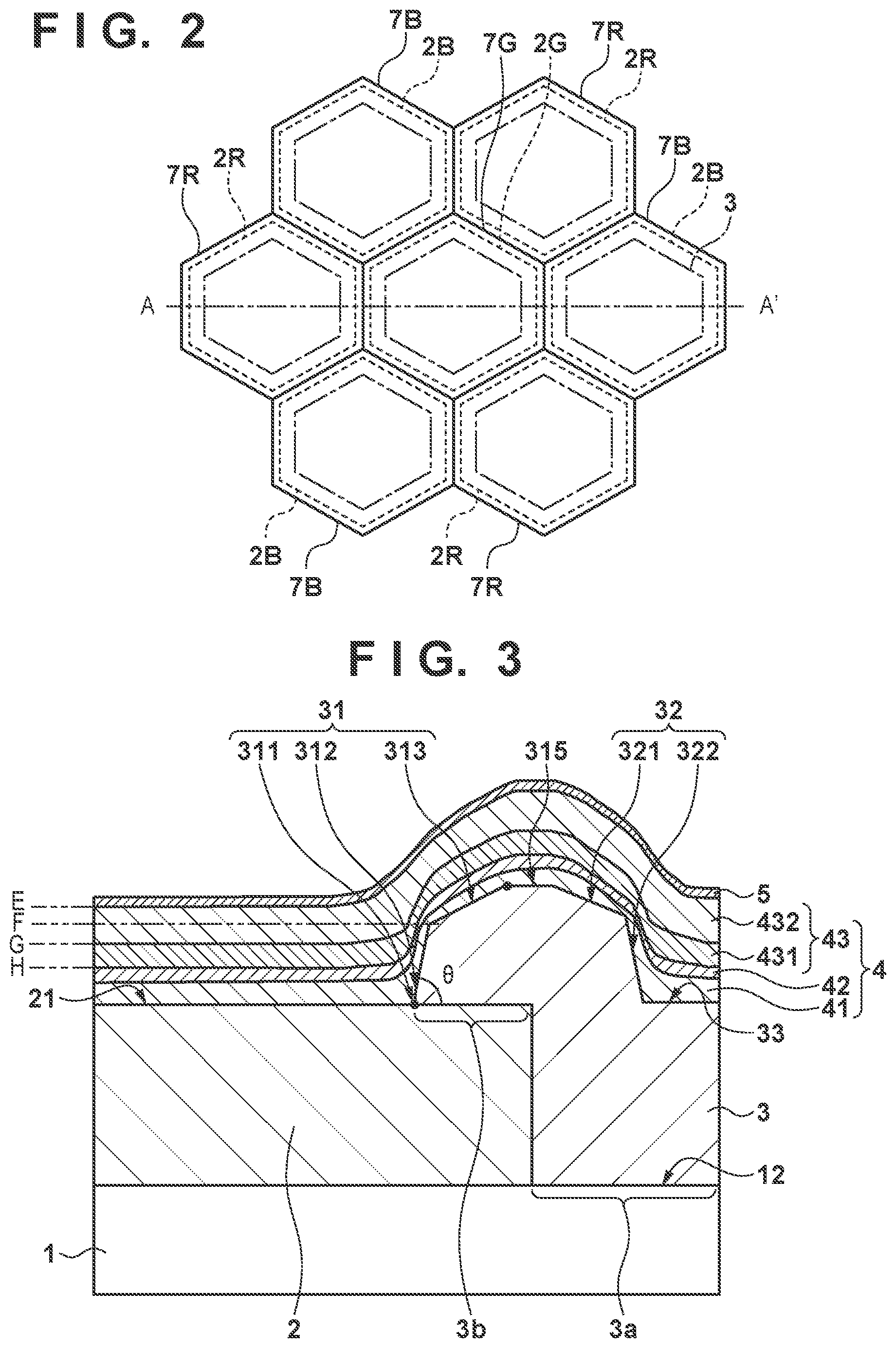 Patent US12310183 Figure 2 – Organic device having an insulating layer with an upper surface including a slope portion with an angle between 50° and 180° with respect to a surface parallel to a main surface