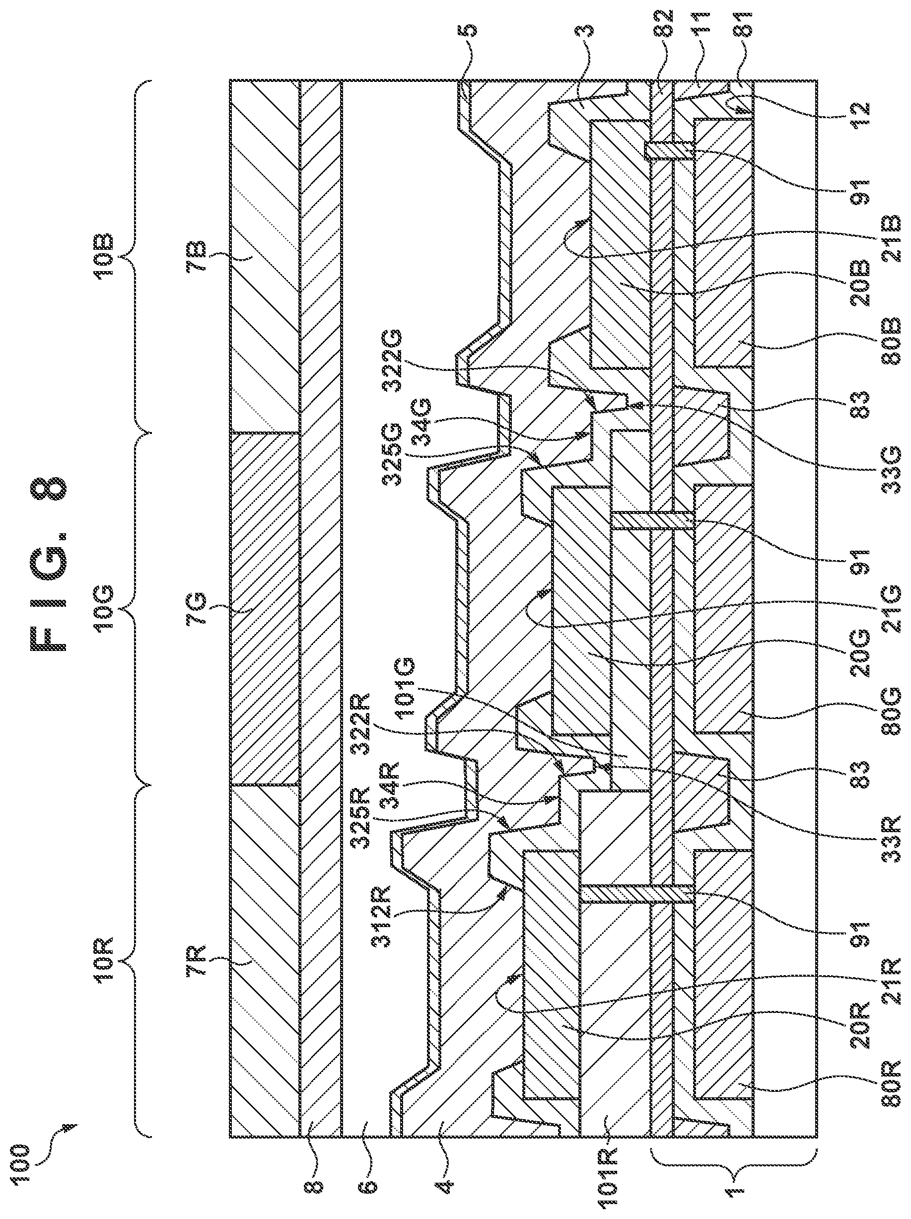 Patent US12310183 Figure 6 – Organic device having an insulating layer with an upper surface including a slope portion with an angle between 50° and 180° with respect to a surface parallel to a main surface