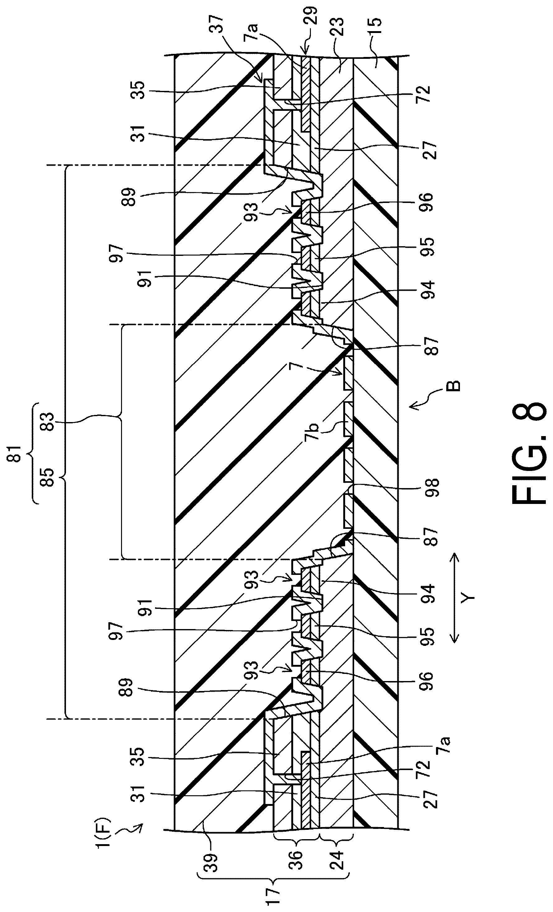 Patent US12310201 Figure 8 – Display device with slits and island-shaped protruding portions in the bending regions