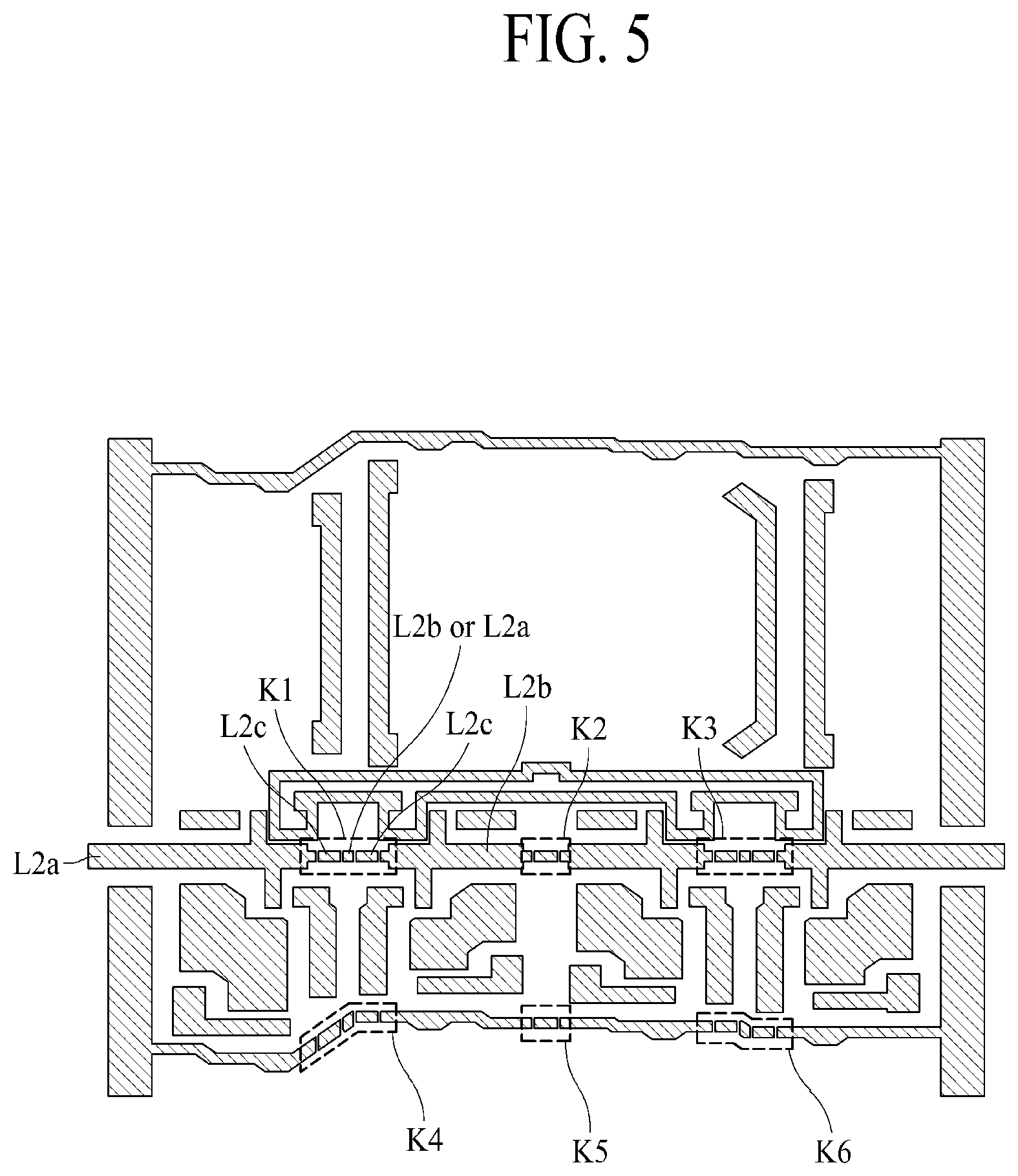 Patent US12310202 Figure 5 – Display with overlapping conductive lines having a bridge portion
