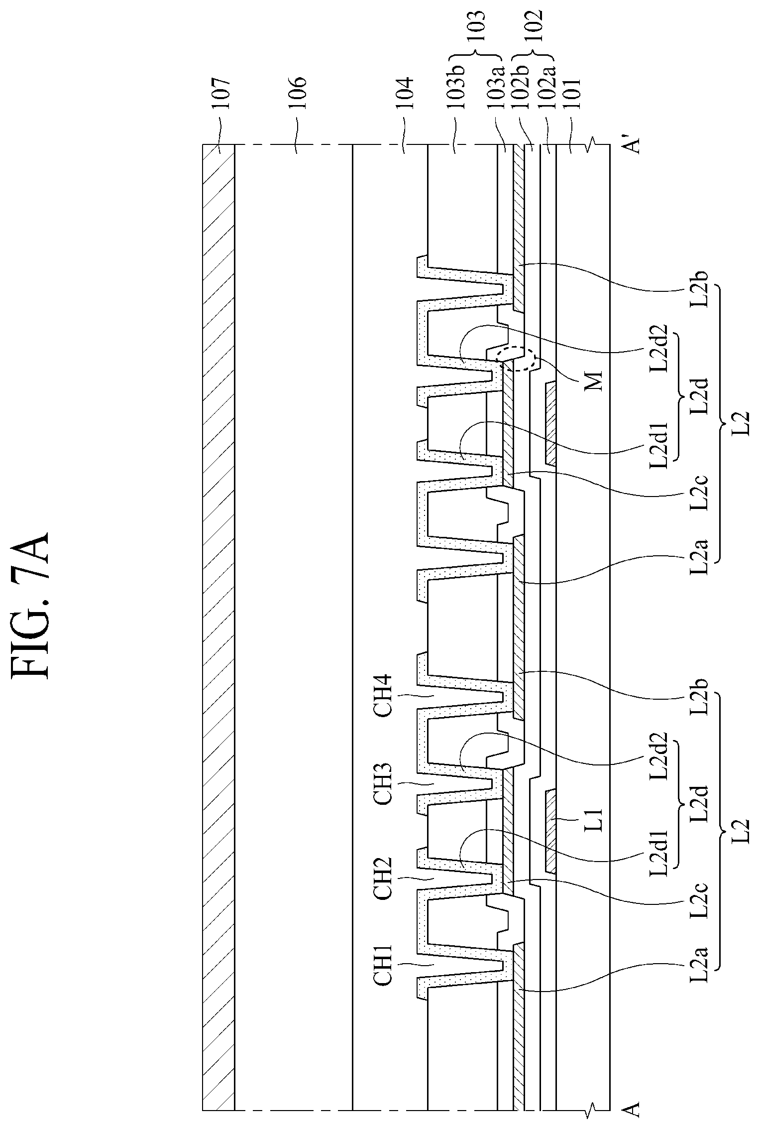 Patent US12310202 Figure 7 – Display with overlapping conductive lines having a bridge portion