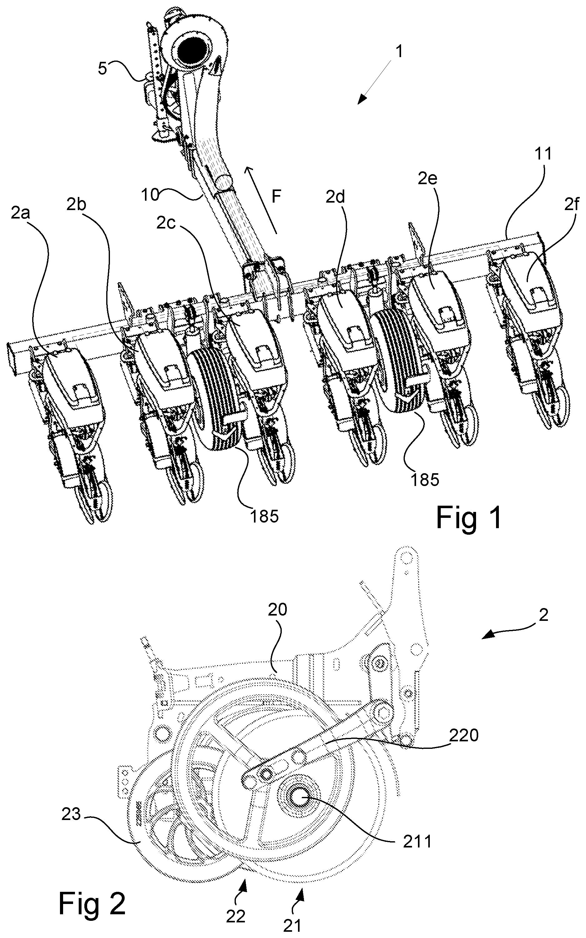 Patent US12310271 Figure 1 – Gauge wheel device, row unit, agricultural implement and method of operating gauge wheel device