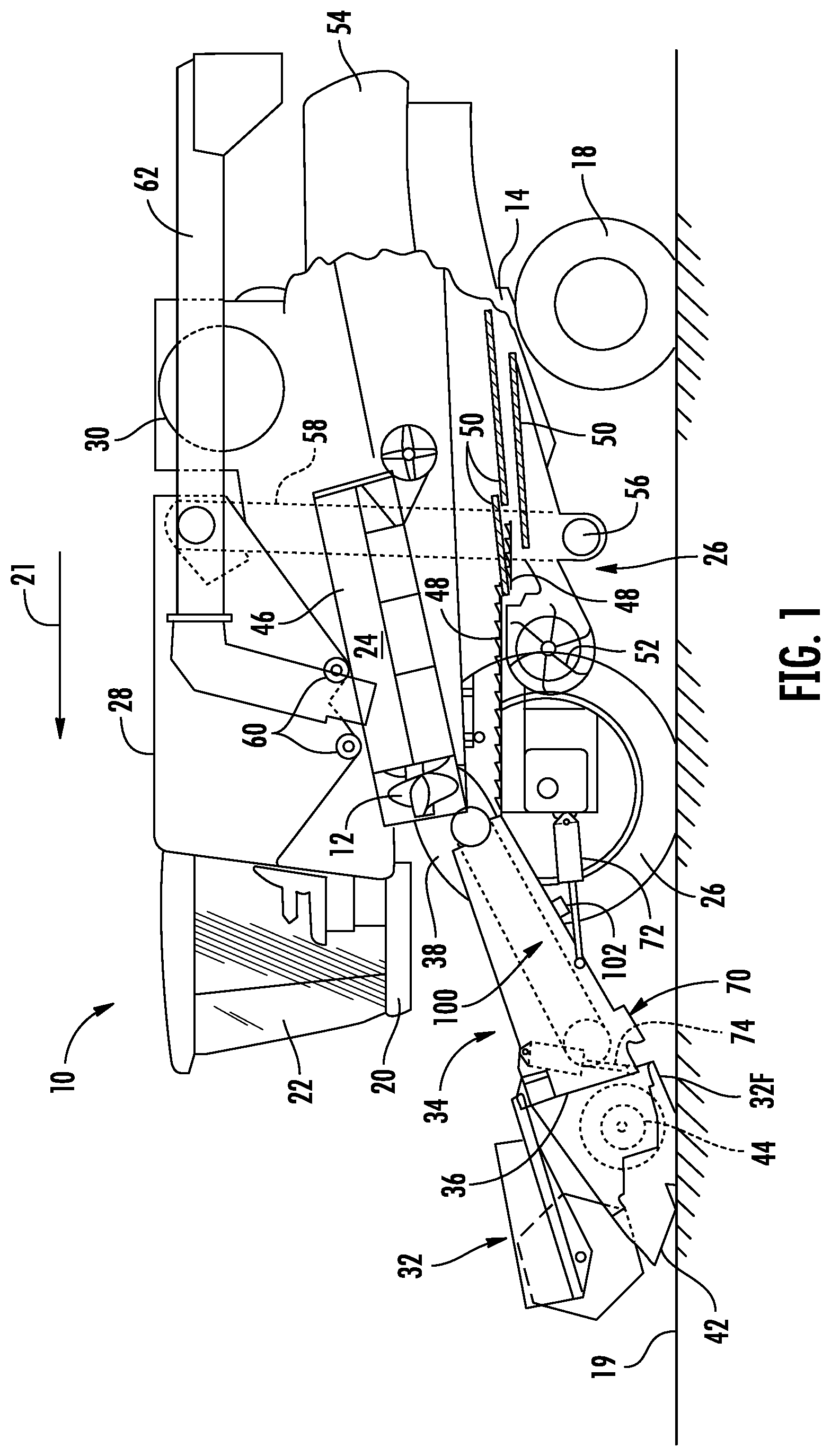 Patent US12310287 Figure 1 – Agricultural system and method for monitoring feeder throughput of a harvester