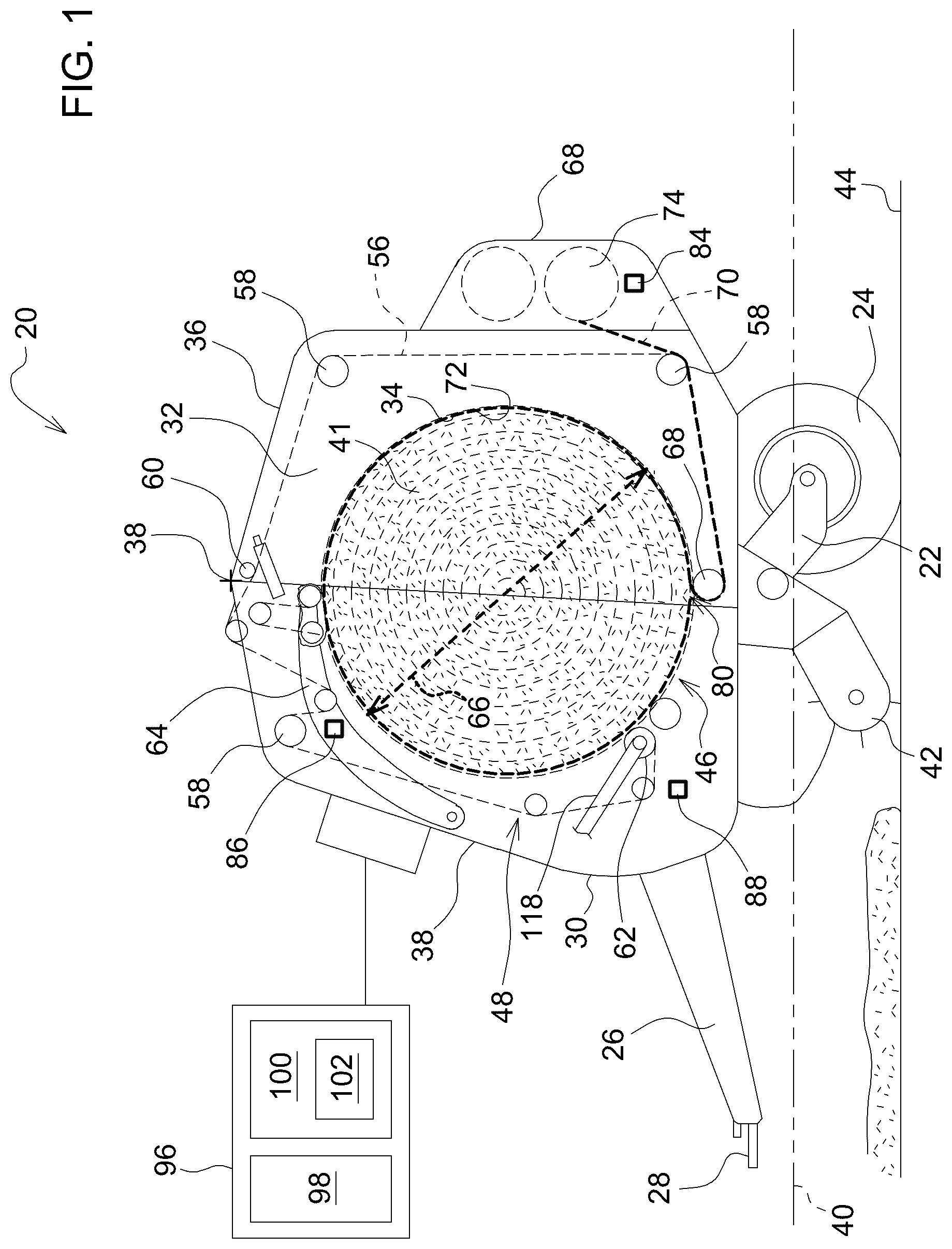 Patent US12310291 Figure 1 – Round bale ground placement orientation during baler ejection
