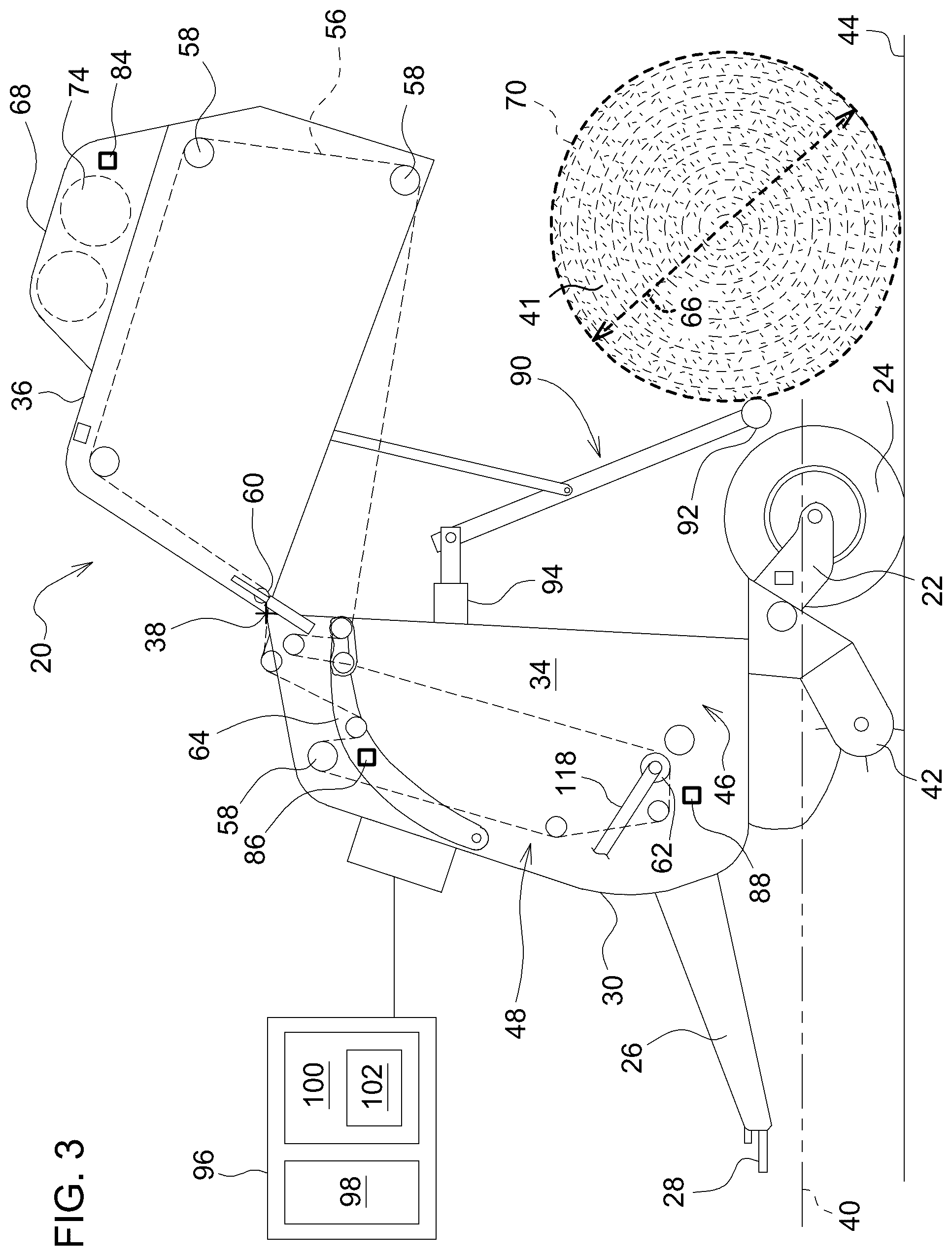Patent US12310291 Figure 3 – Round bale ground placement orientation during baler ejection