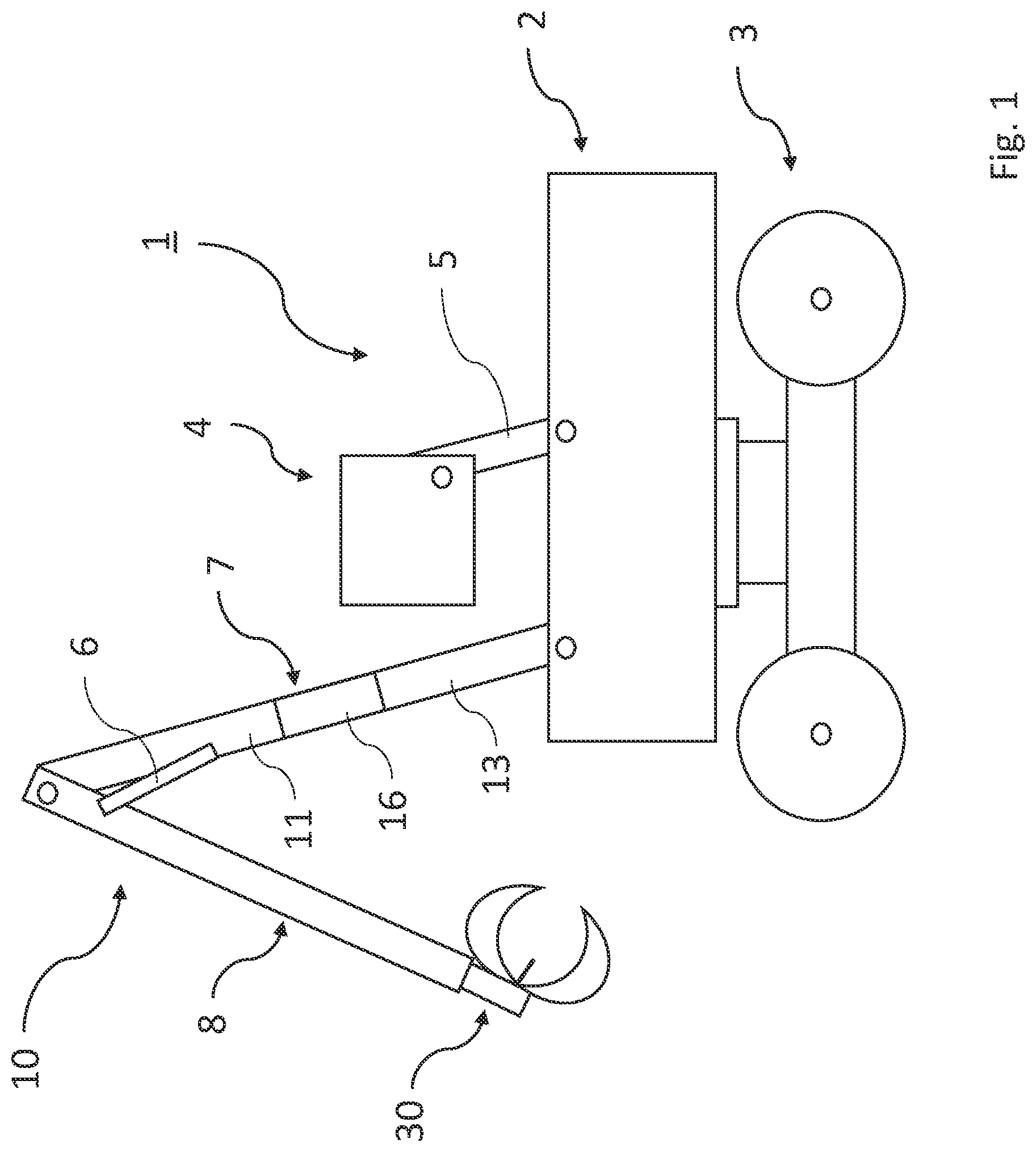Patent US12310296 Figure 1 – Articulated boom, machine, method for manufacturing a connecting piece for an articulated boom and use of an articulated boom