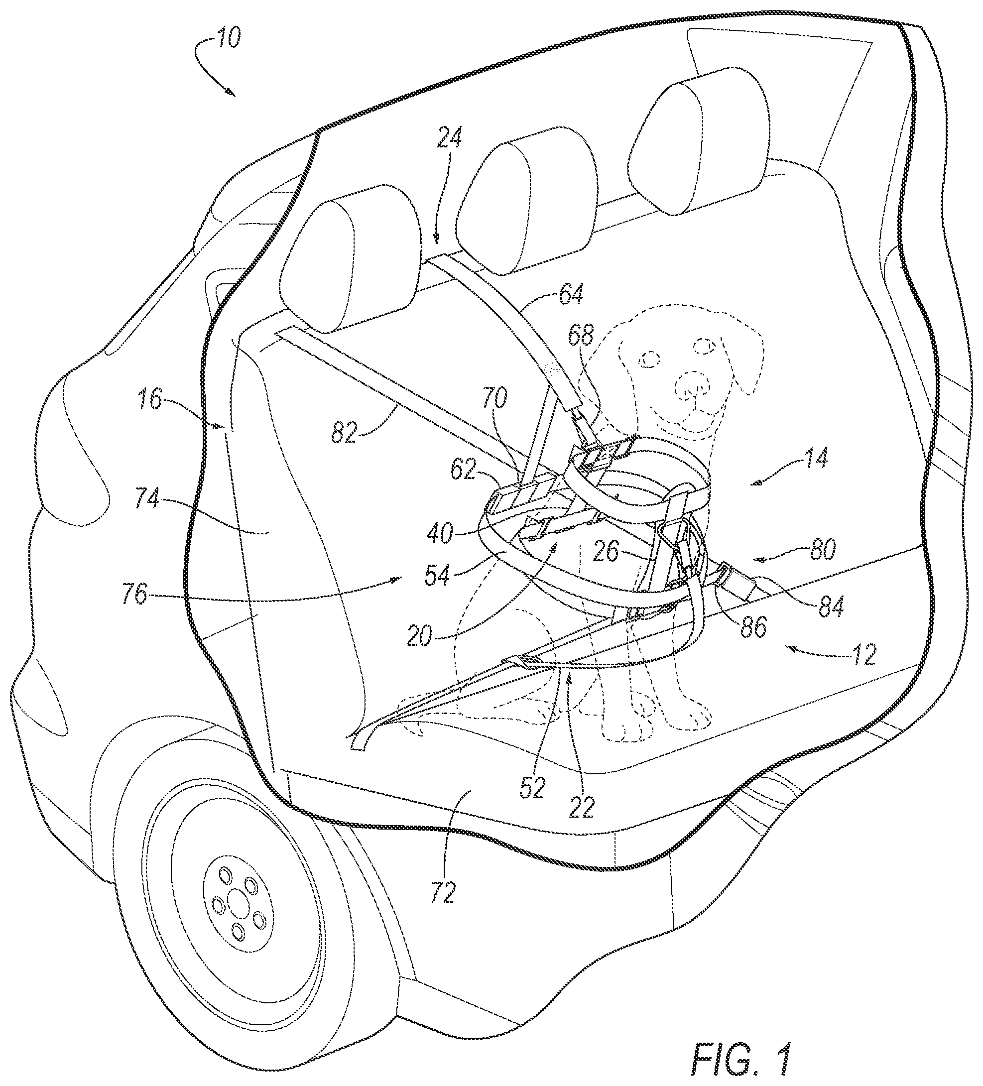 Patent US12310333 Figure 1 – Dog harness assembly for vehicle