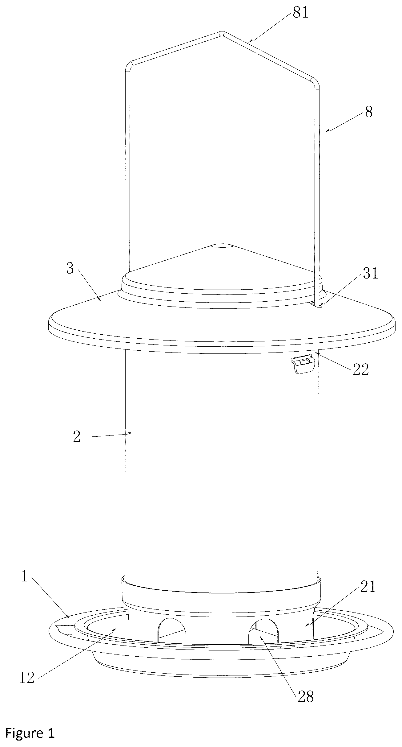 Patent US12310335 Figure 1 – Detachable bird feeder