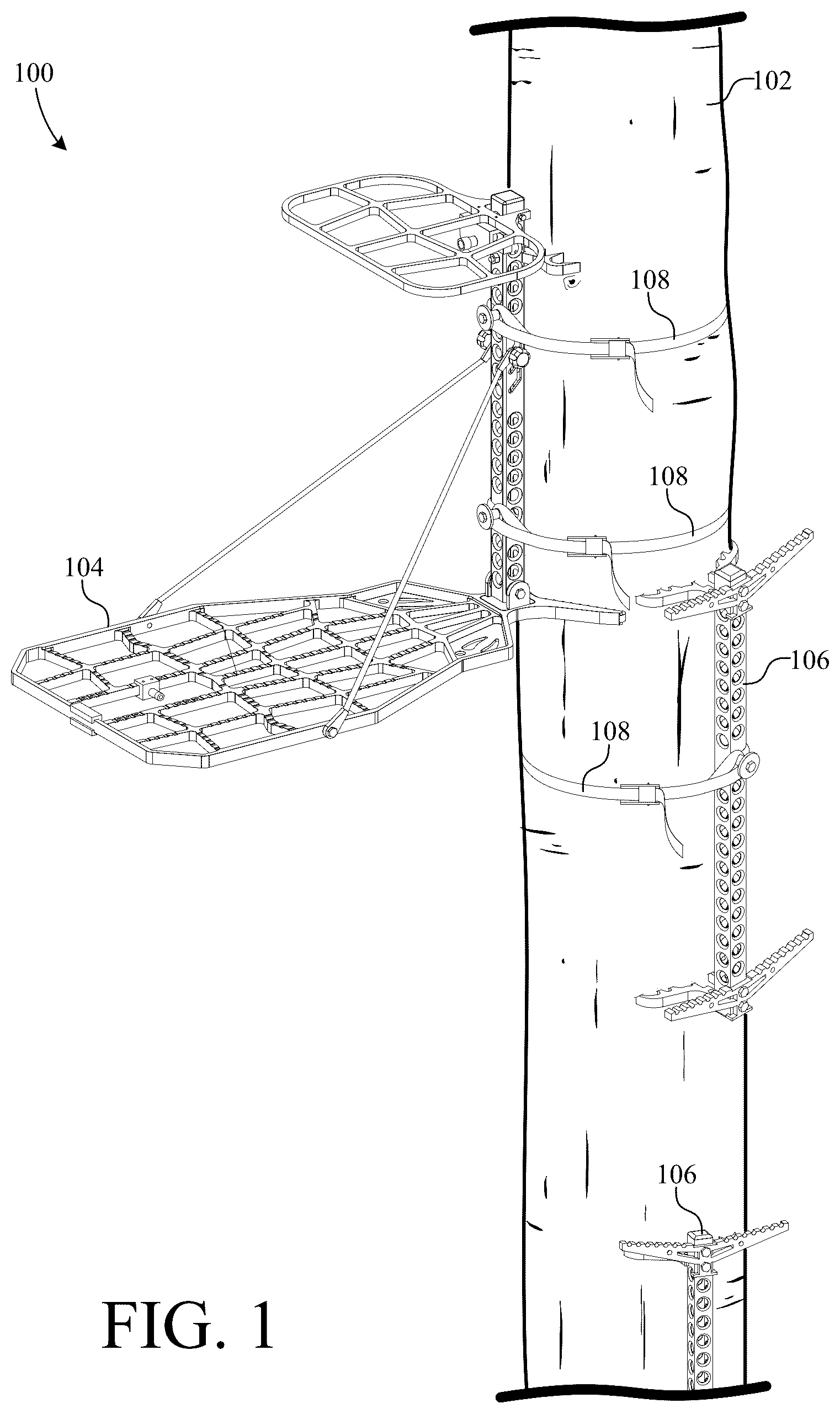 Patent US12310353 Figure 1 – Portable treestand and climbing stick system