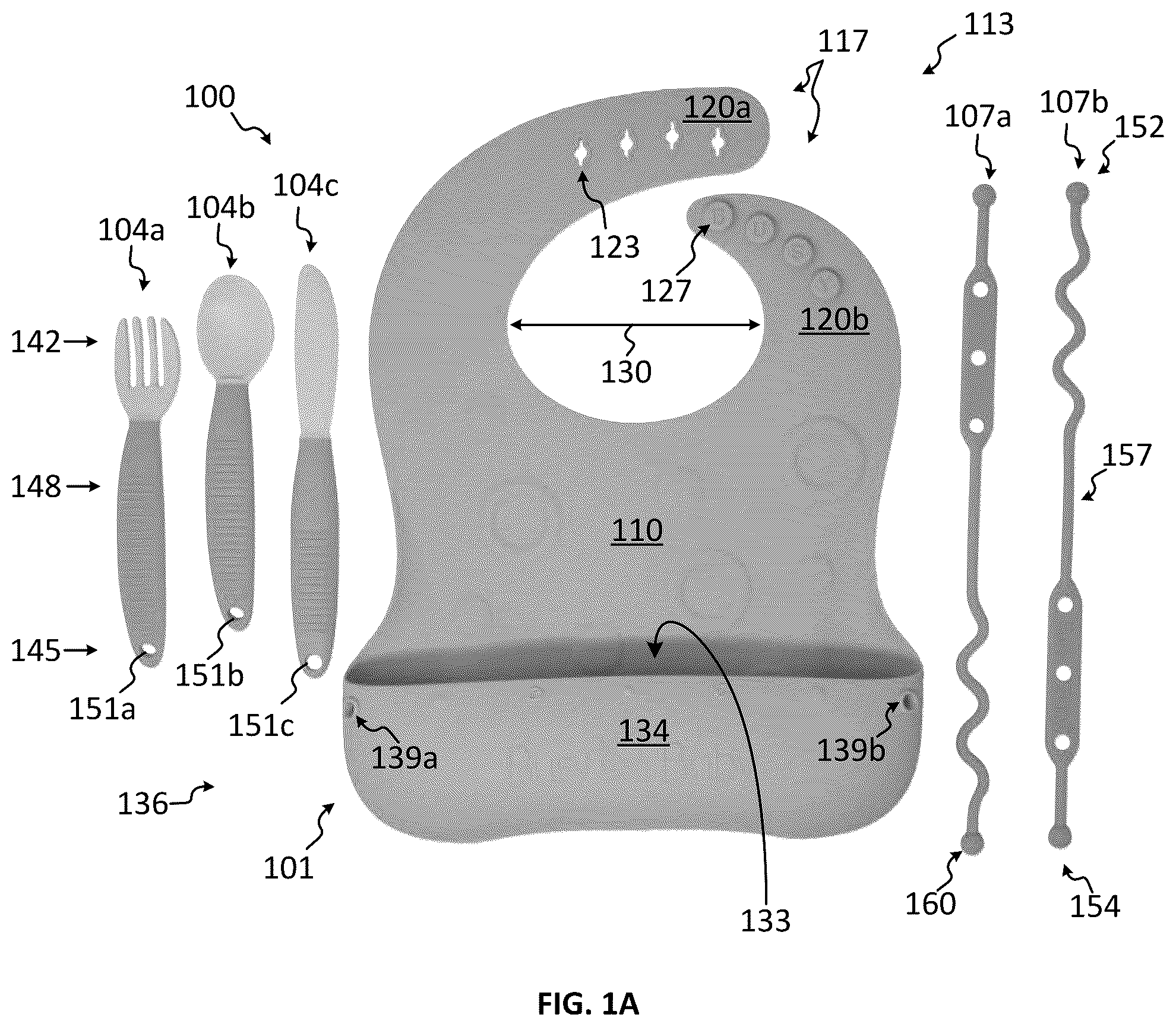Patent US12310423 Figure 1 – Bib and utensil kit