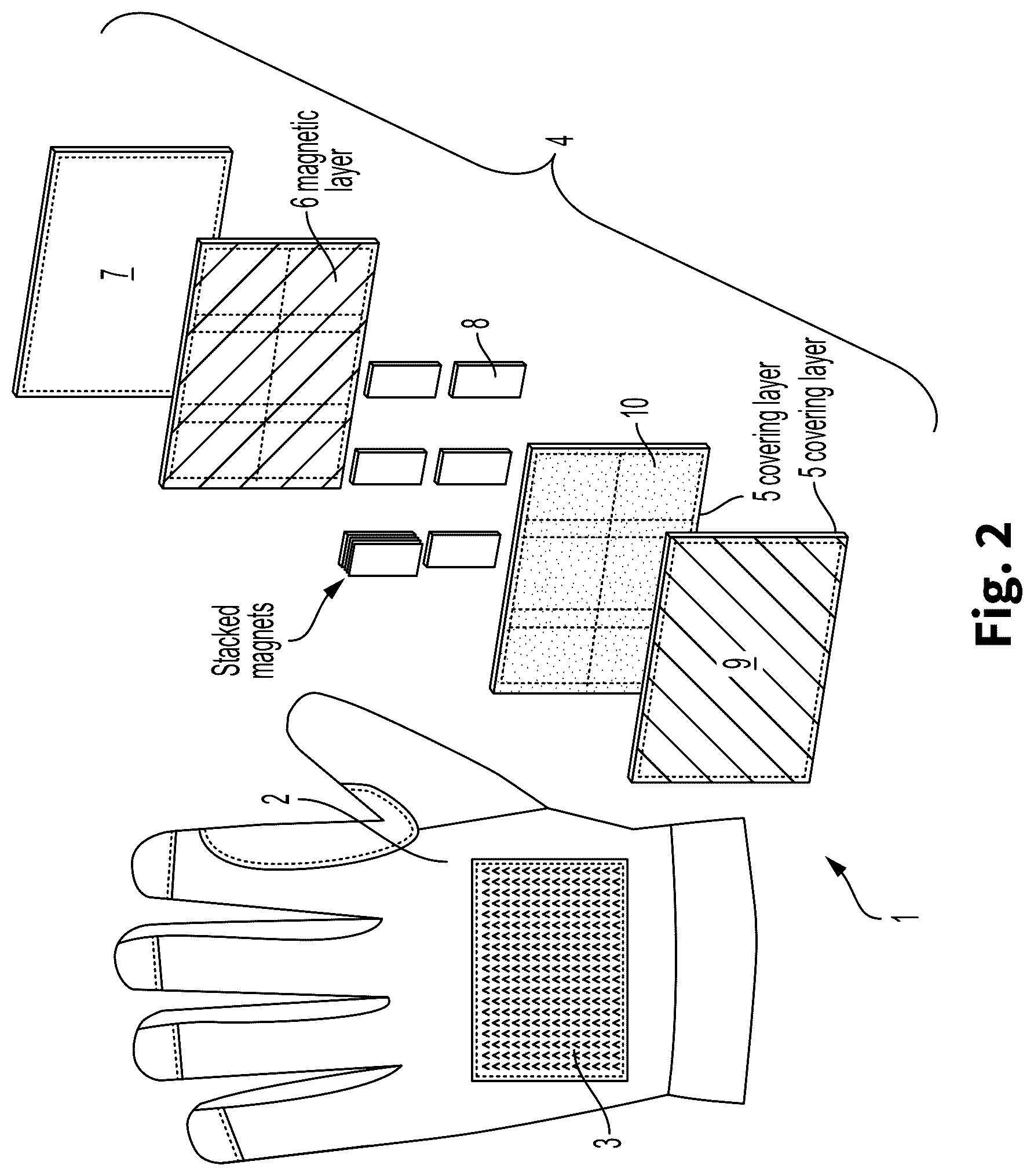 Patent US12310438 Figure 2 – Work glove and a multi-layered ferromagnetic pouch for use with a work glove