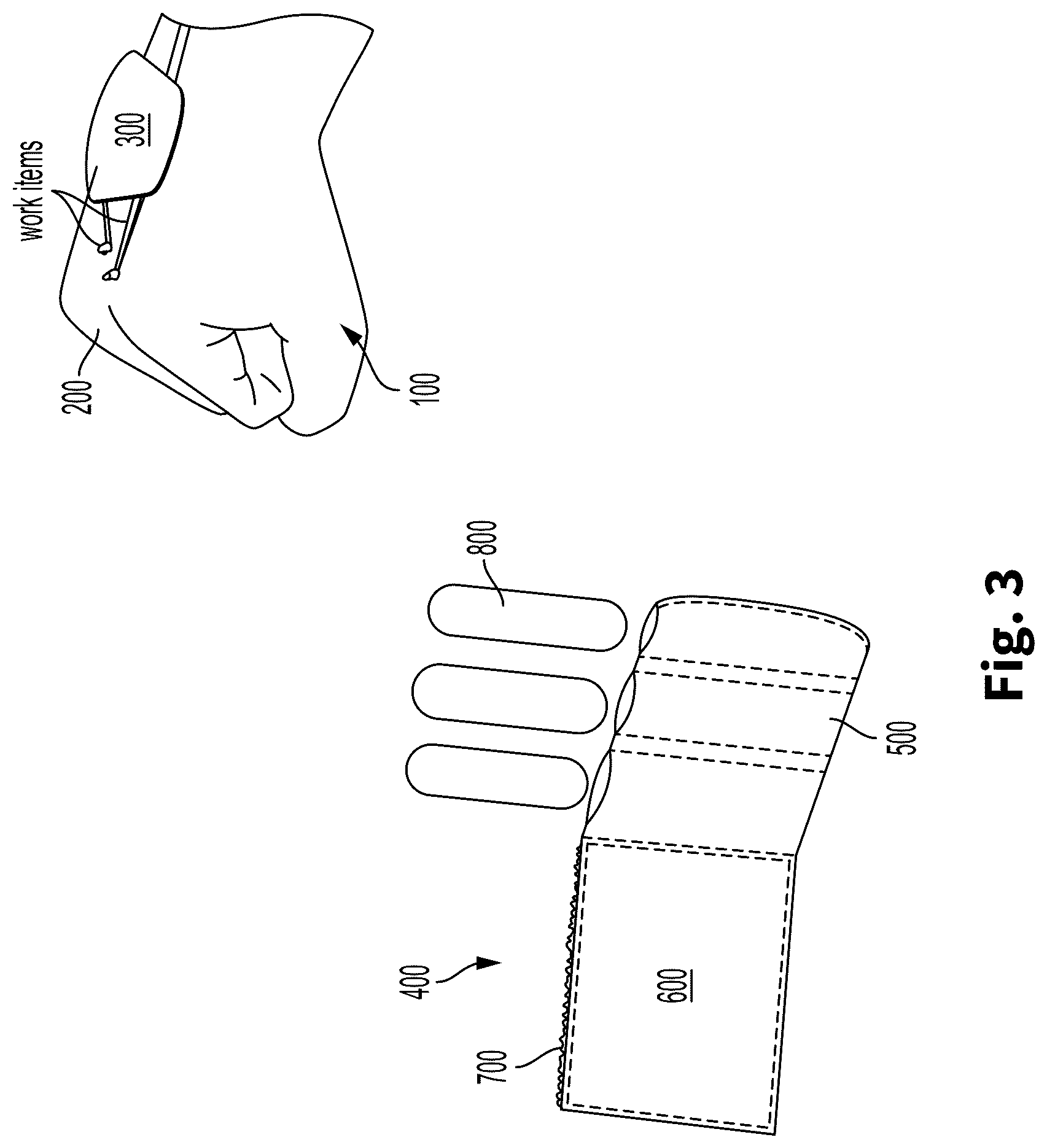 Patent US12310438 Figure 3 – Work glove and a multi-layered ferromagnetic pouch for use with a work glove