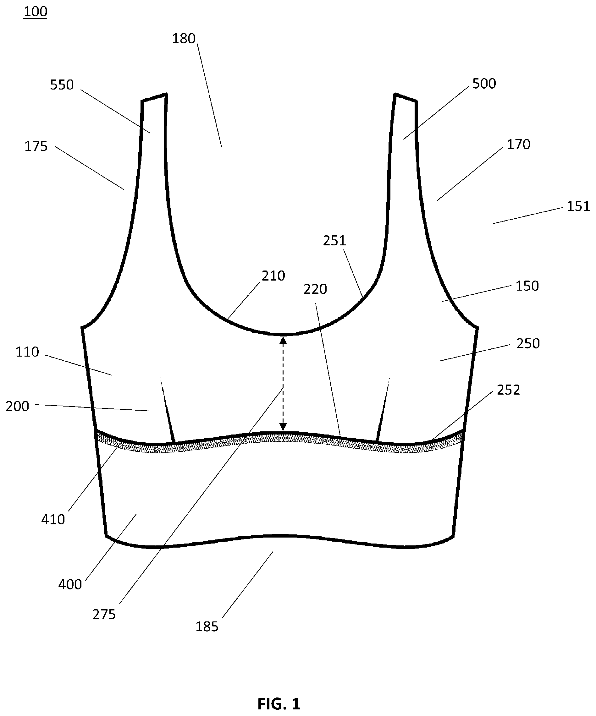 Patent US12310439 — Garment having cup pockets with concealed openings — Figure 1