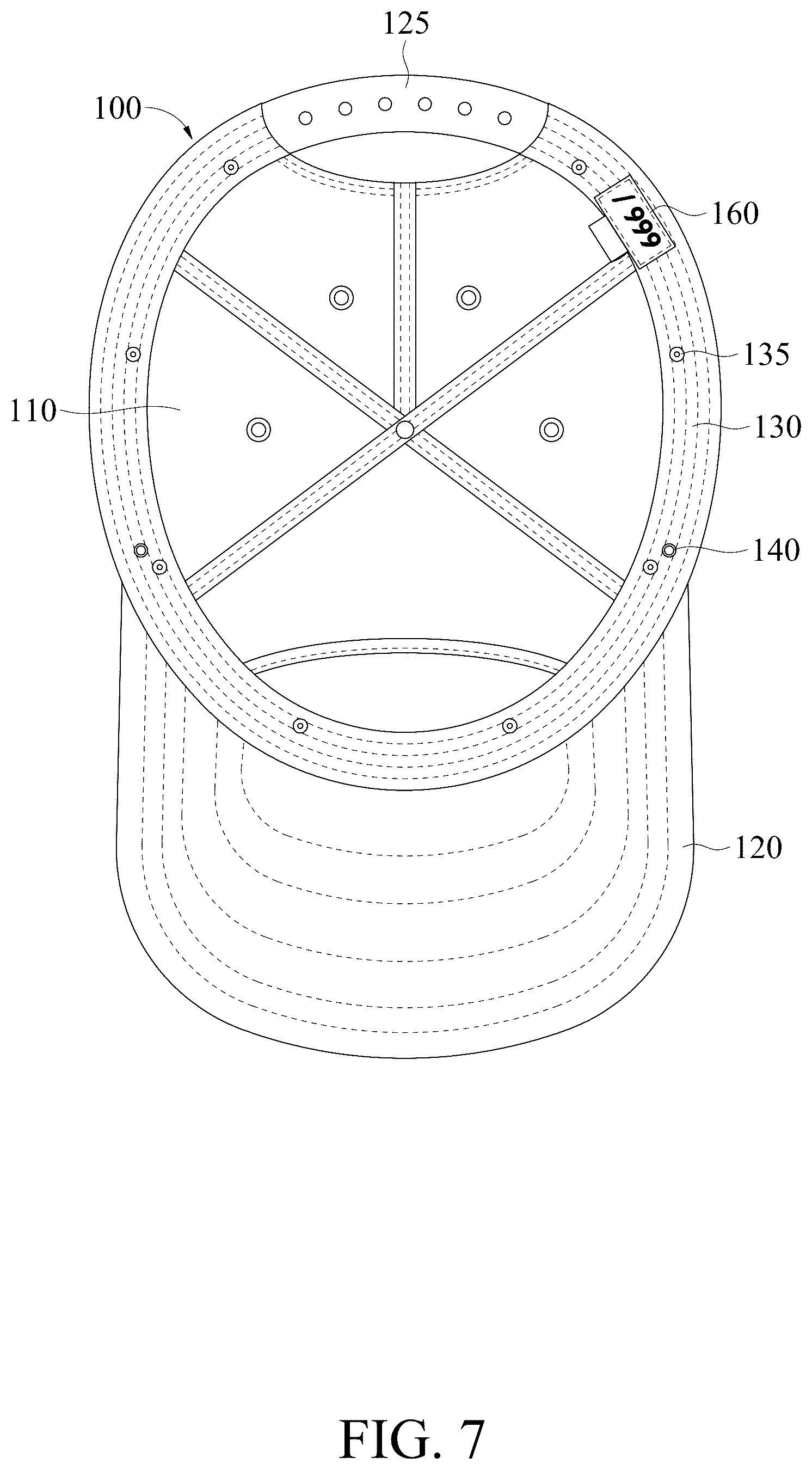 Patent US12310442 Figure 7 – Hat with detachable liner