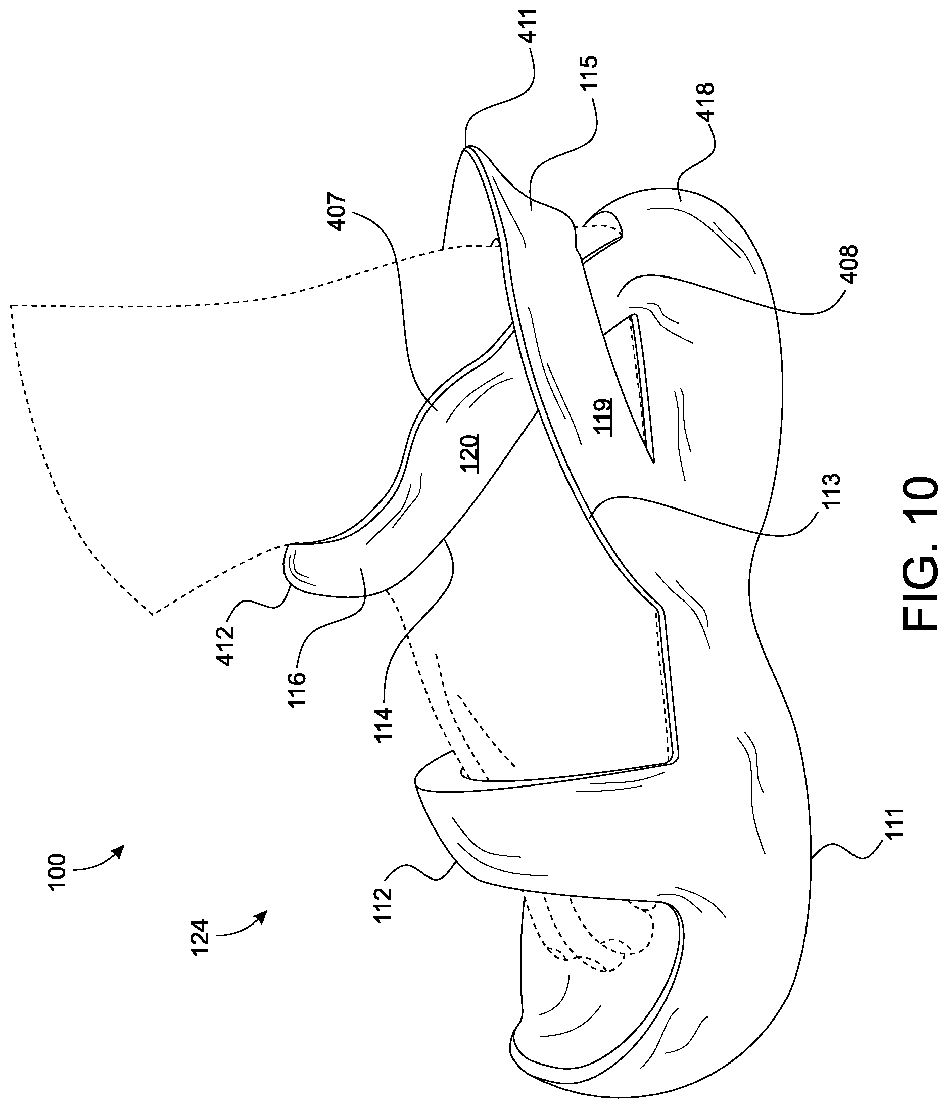 Patent US12310445 Figure 11 – Shoe device with dual stadium arch bimodal structure for rapid entry and release