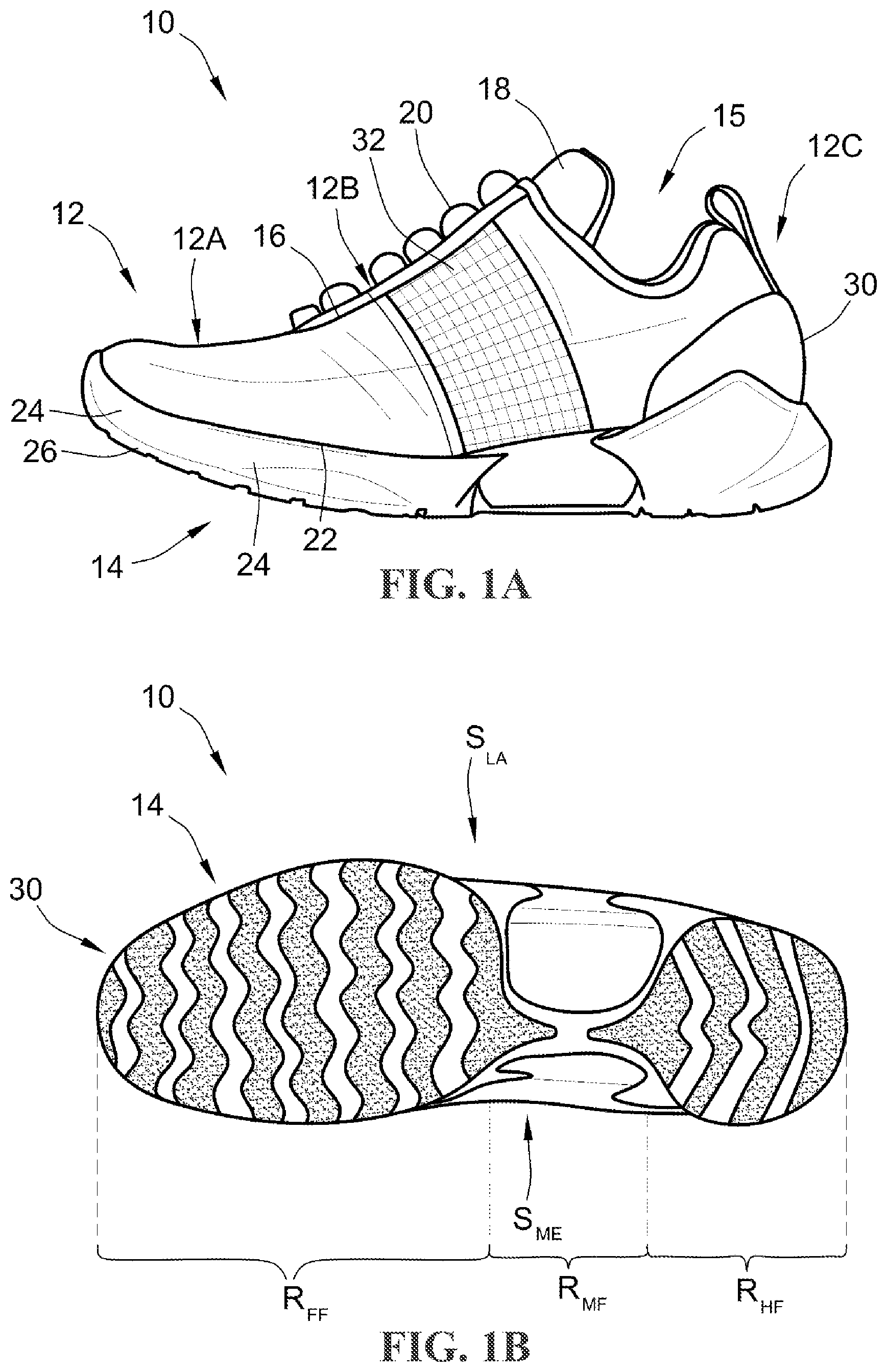 Patent US12310446 Figure 1 – Footwear and sole structure assemblies with split midsoles having peripheral walls for lateral stability