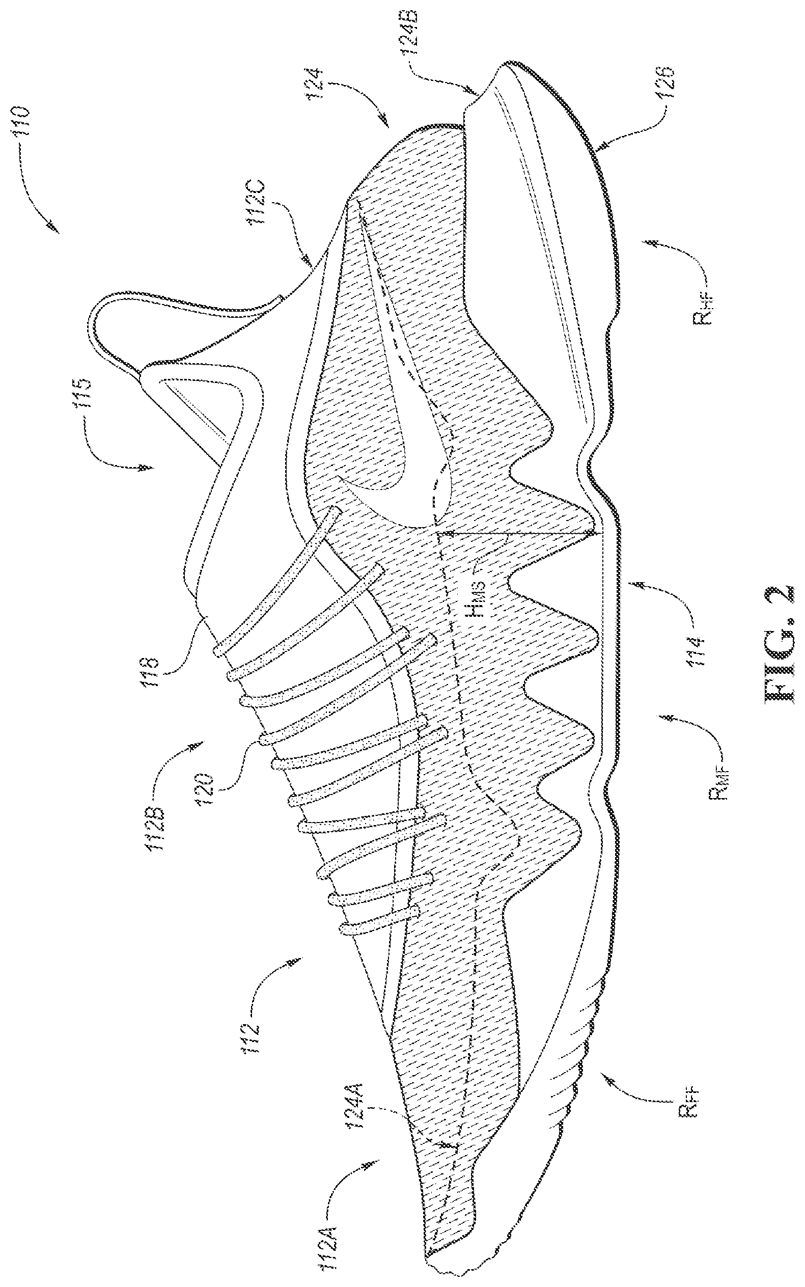 Patent US12310446 Figure 2 – Footwear and sole structure assemblies with split midsoles having peripheral walls for lateral stability