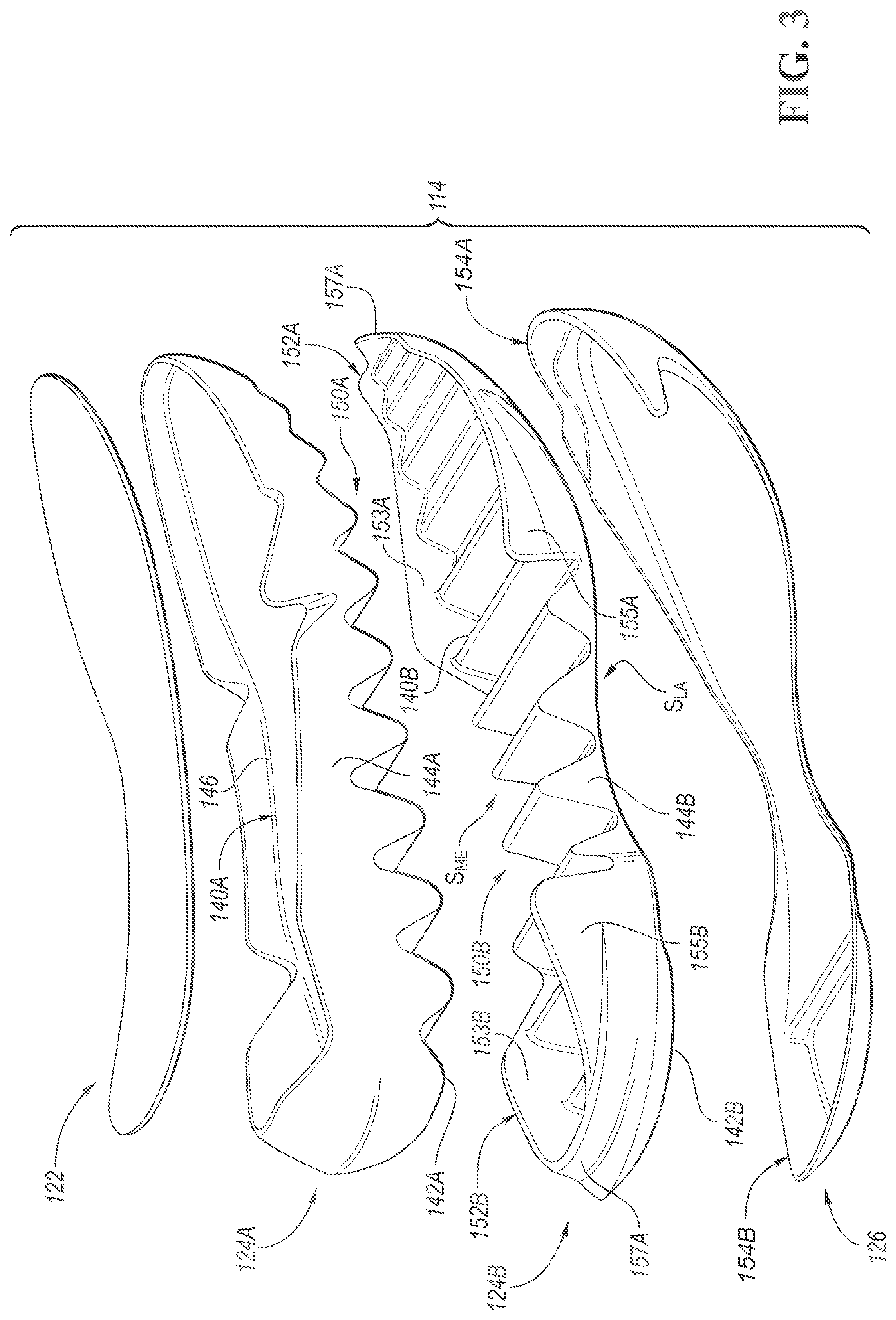 Patent US12310446 Figure 3 – Footwear and sole structure assemblies with split midsoles having peripheral walls for lateral stability