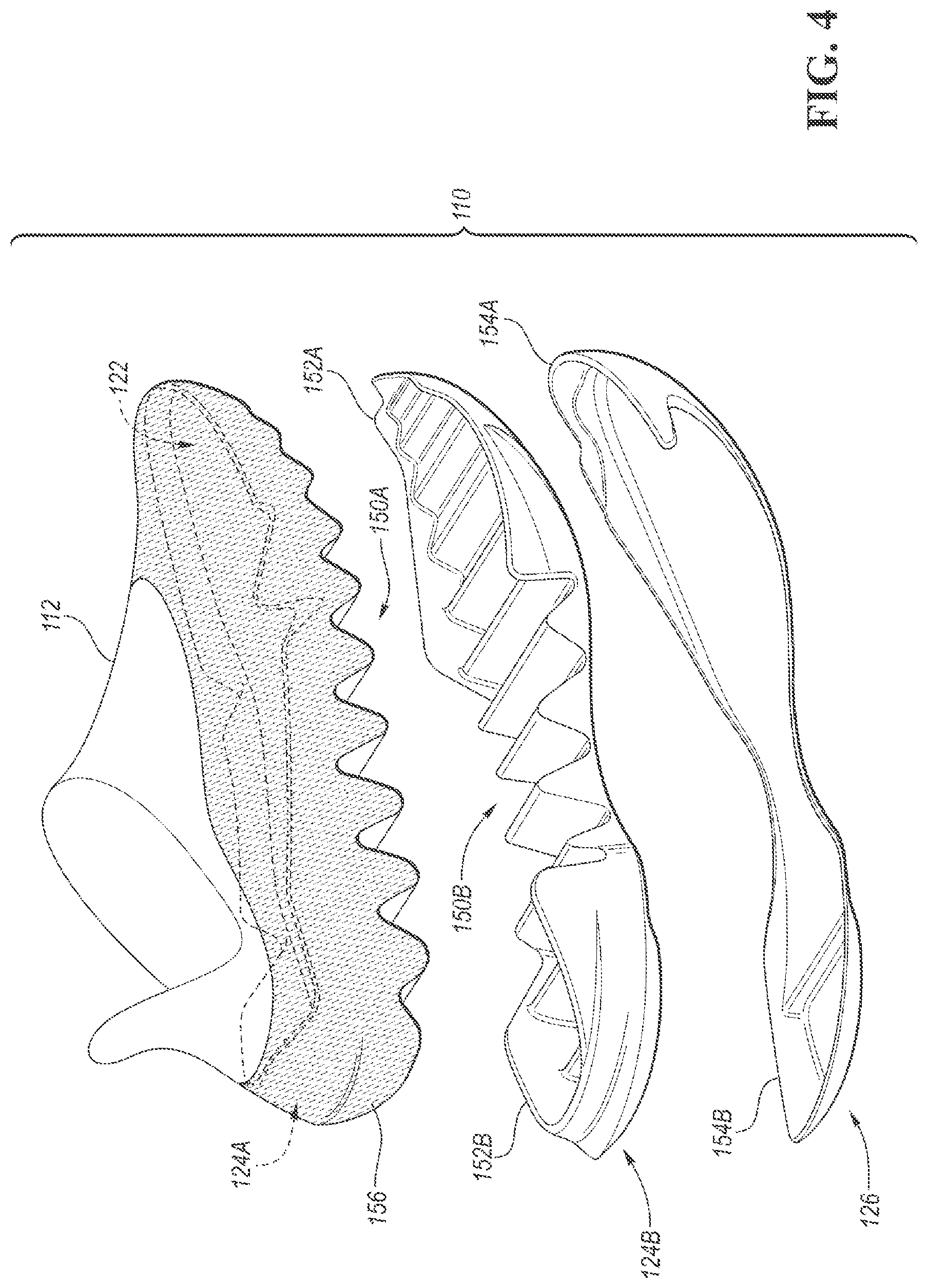 Patent US12310446 Figure 4 – Footwear and sole structure assemblies with split midsoles having peripheral walls for lateral stability