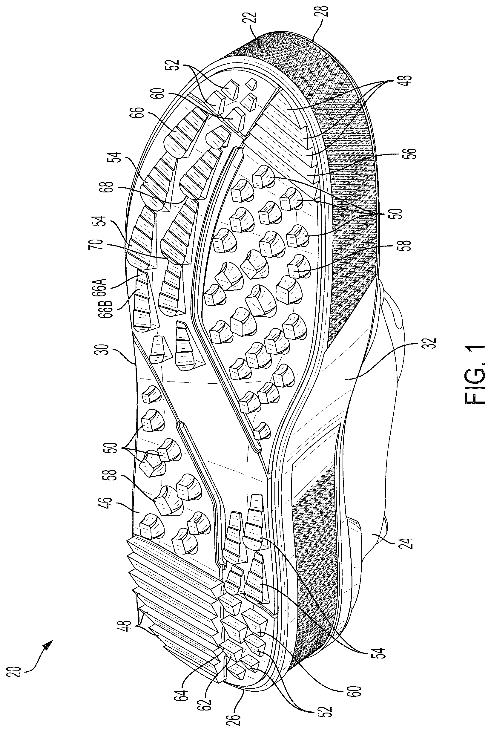 Patent US12310451 Figure 1 – Shoe having pluralities of lugs