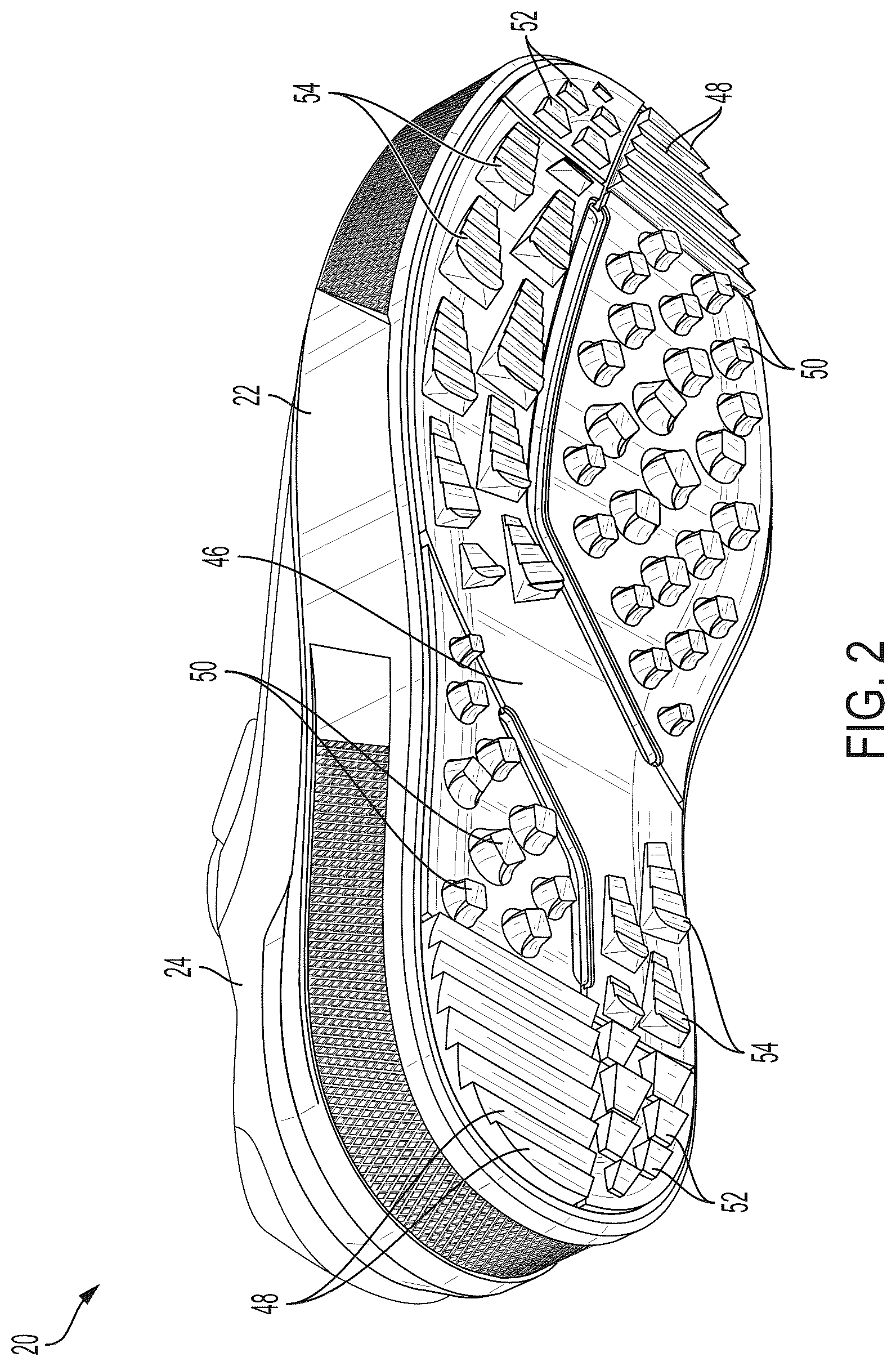 Patent US12310451 Figure 2 – Shoe having pluralities of lugs