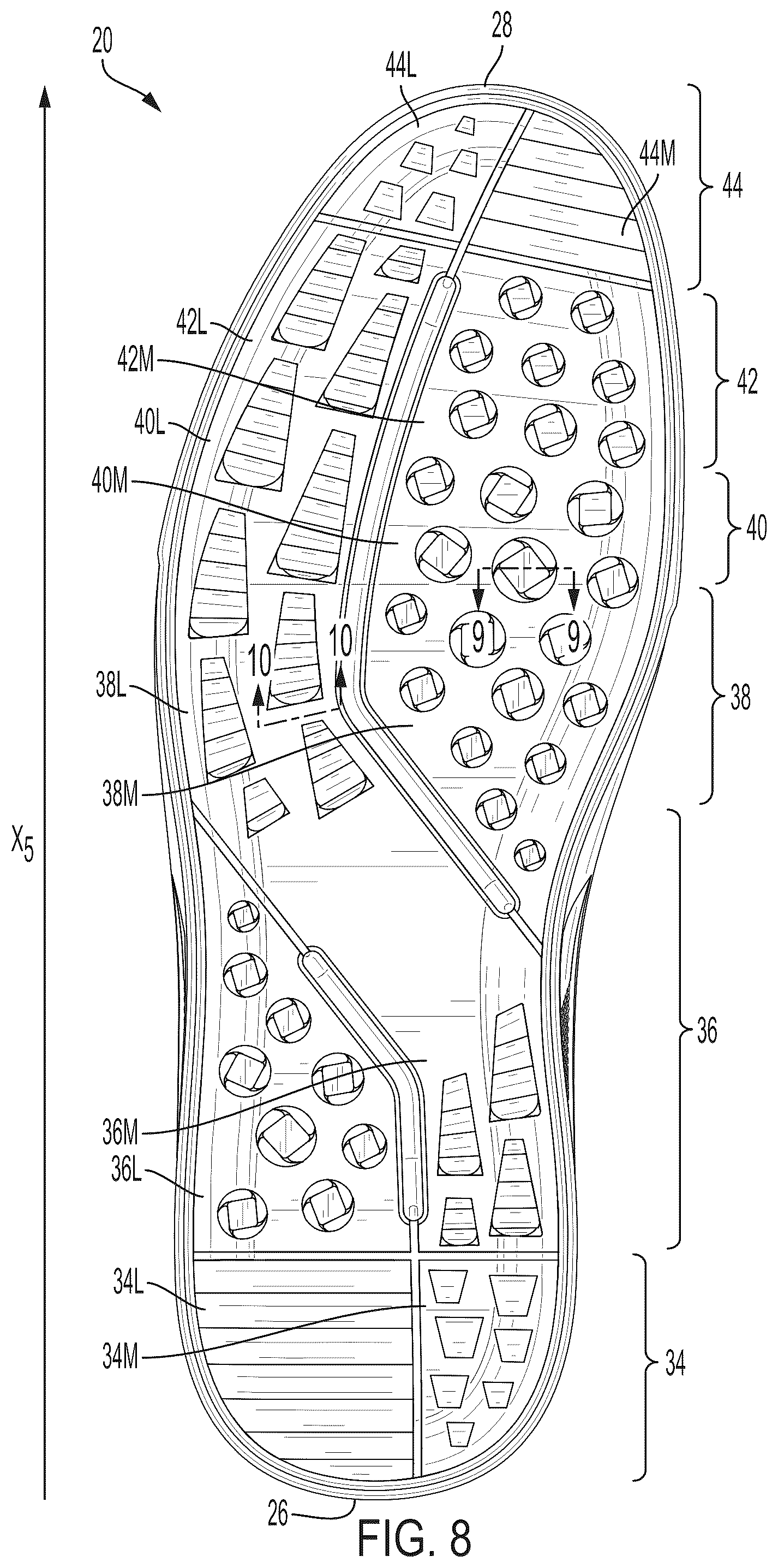 Patent US12310451 Figure 8 – Shoe having pluralities of lugs