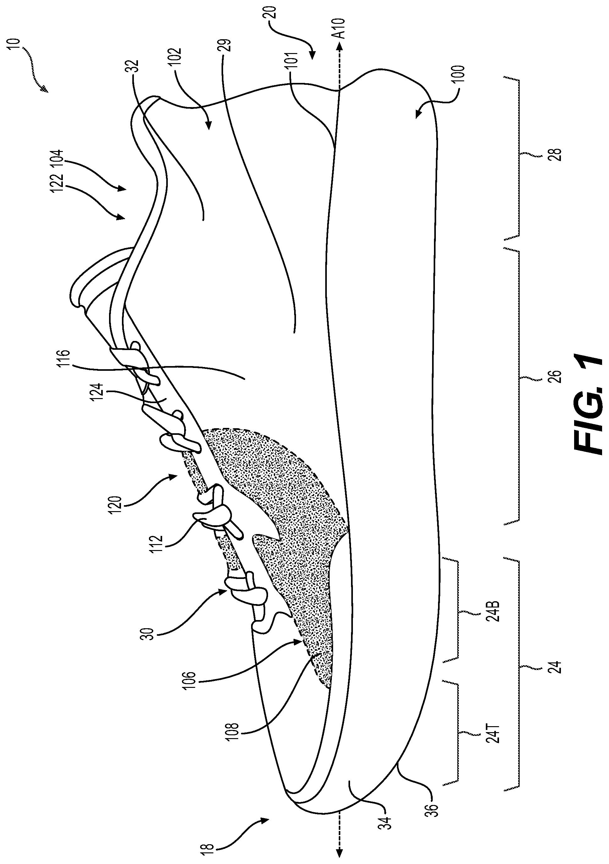 Patent US12310454 Figure 1 – Article of footwear including a support flap