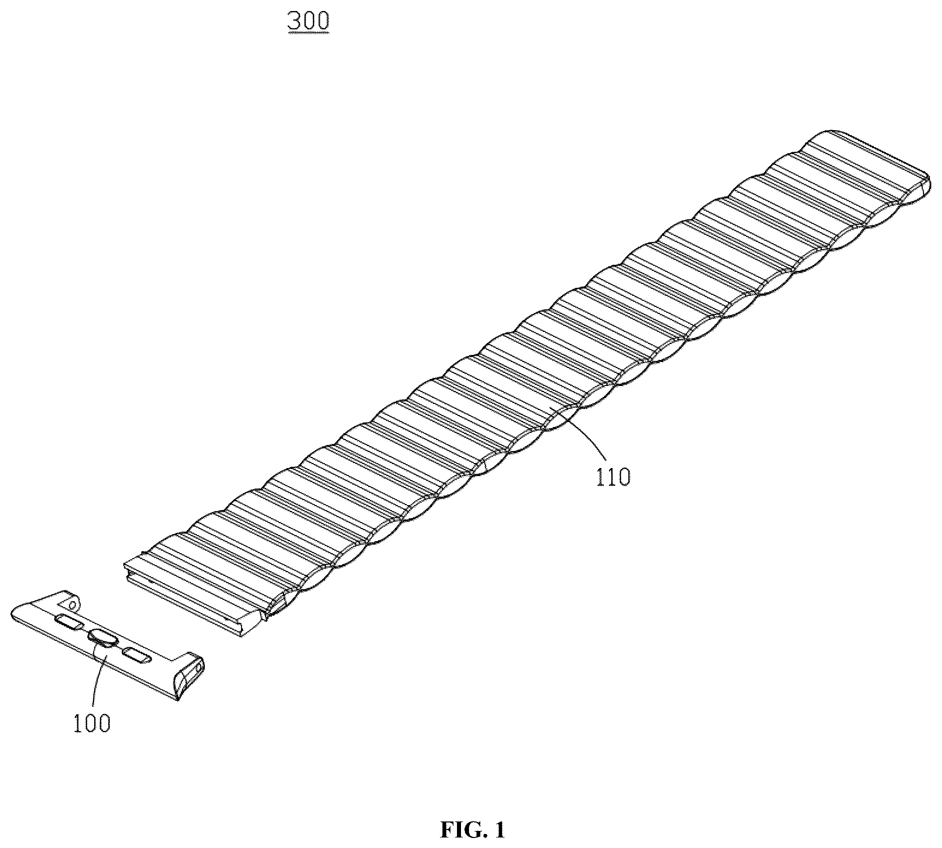 Patent US12310467 Figure 1 – Connector applied to watchband, watchband and watch