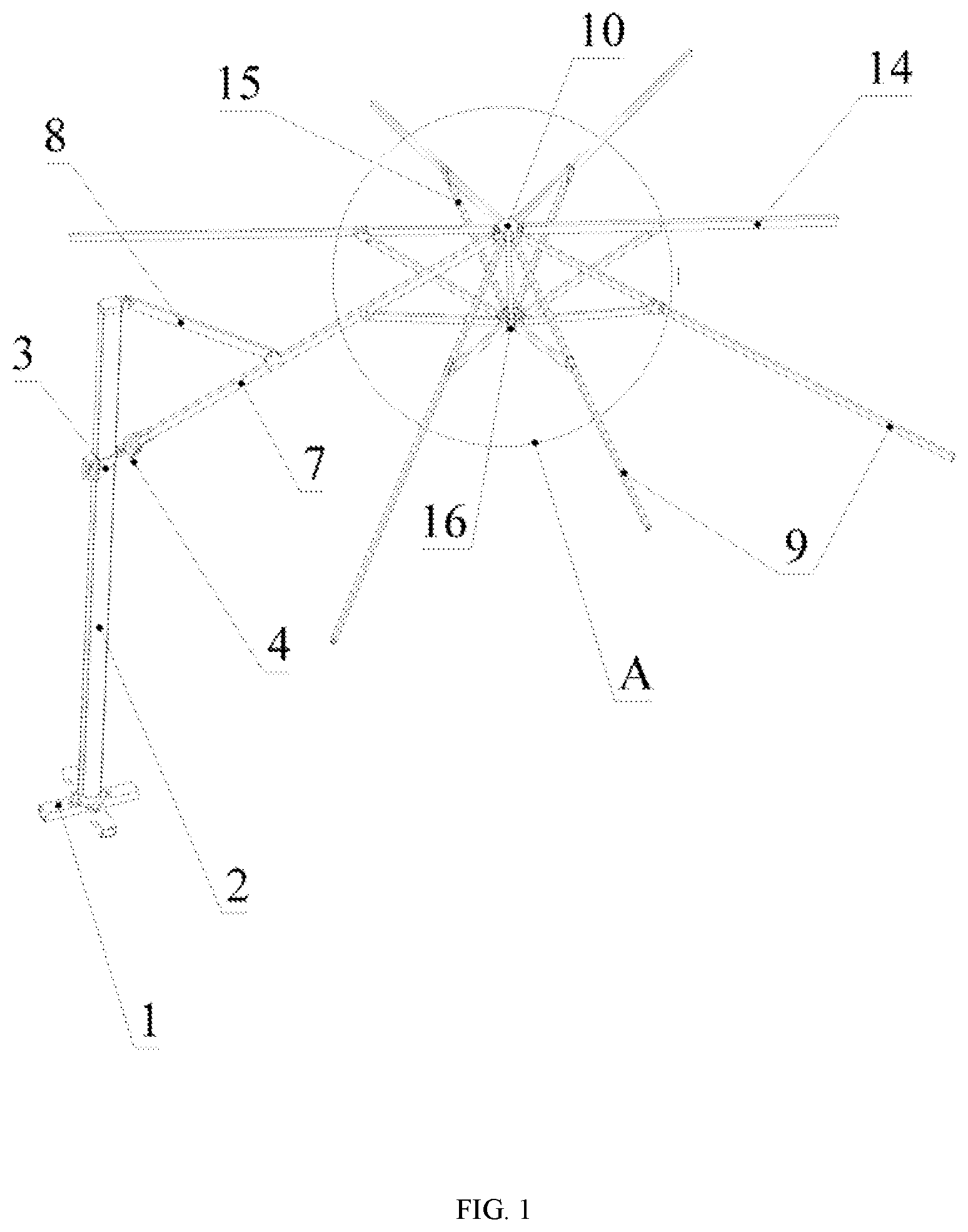 Patent US12310468 Figure 1 – Side-arm umbrella structure
