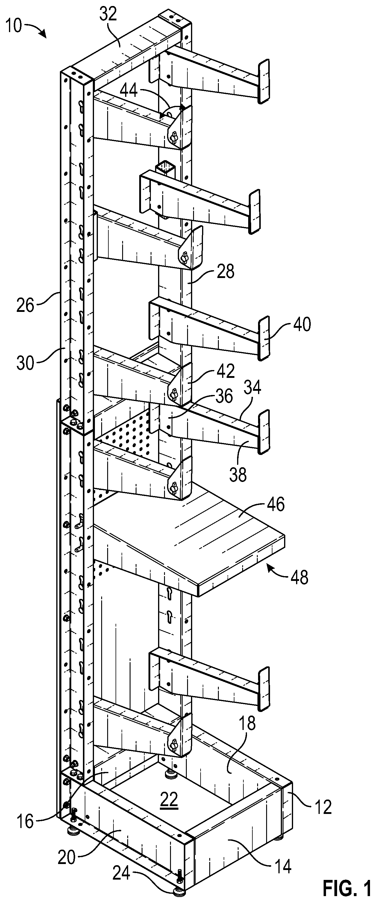 Patent US12310494 Figure 1 – Freestanding ladder storage rack