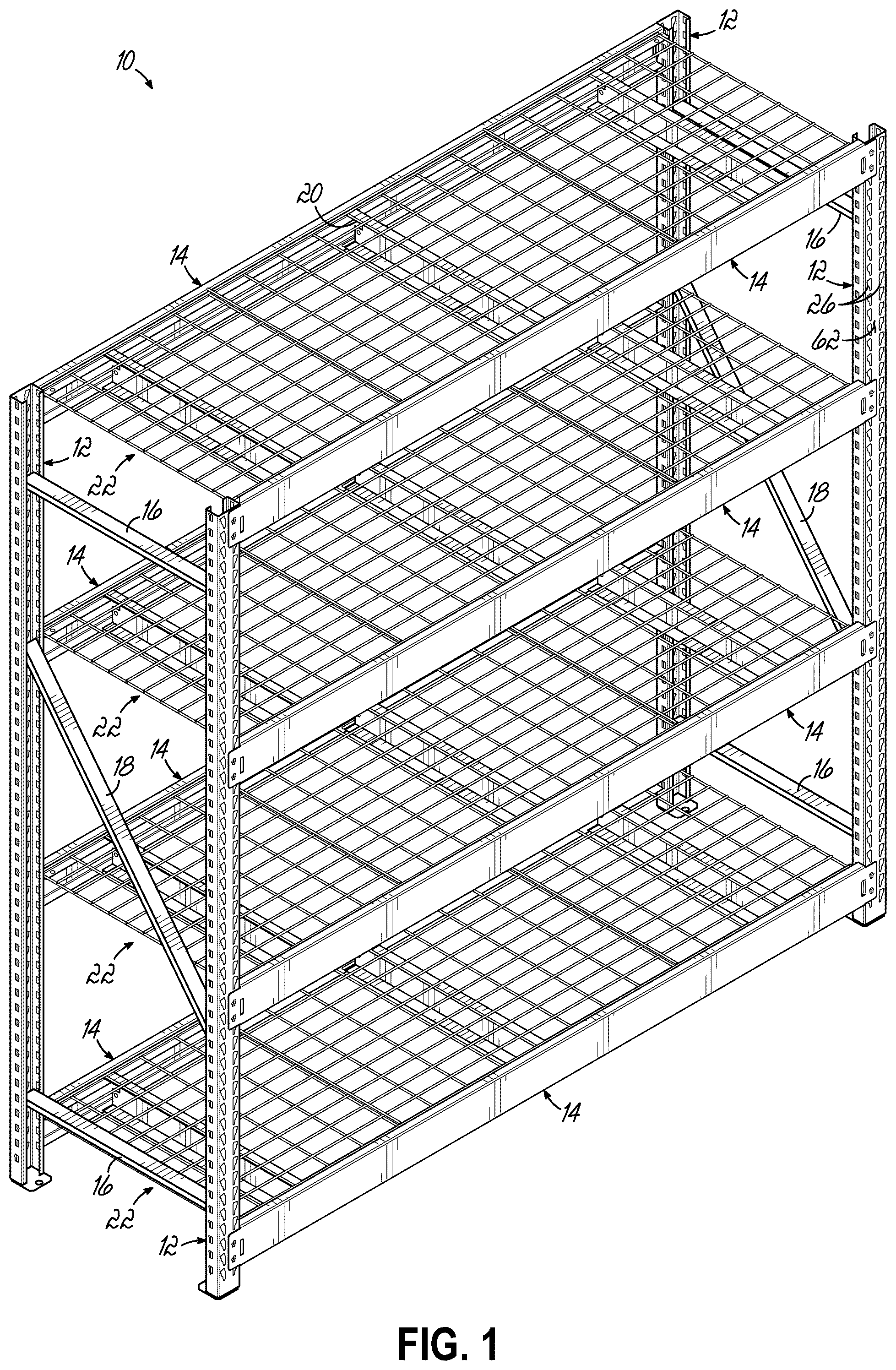 Patent US12310495 Figure 1 – Weldless shelf support beams and shelving units utilizing same