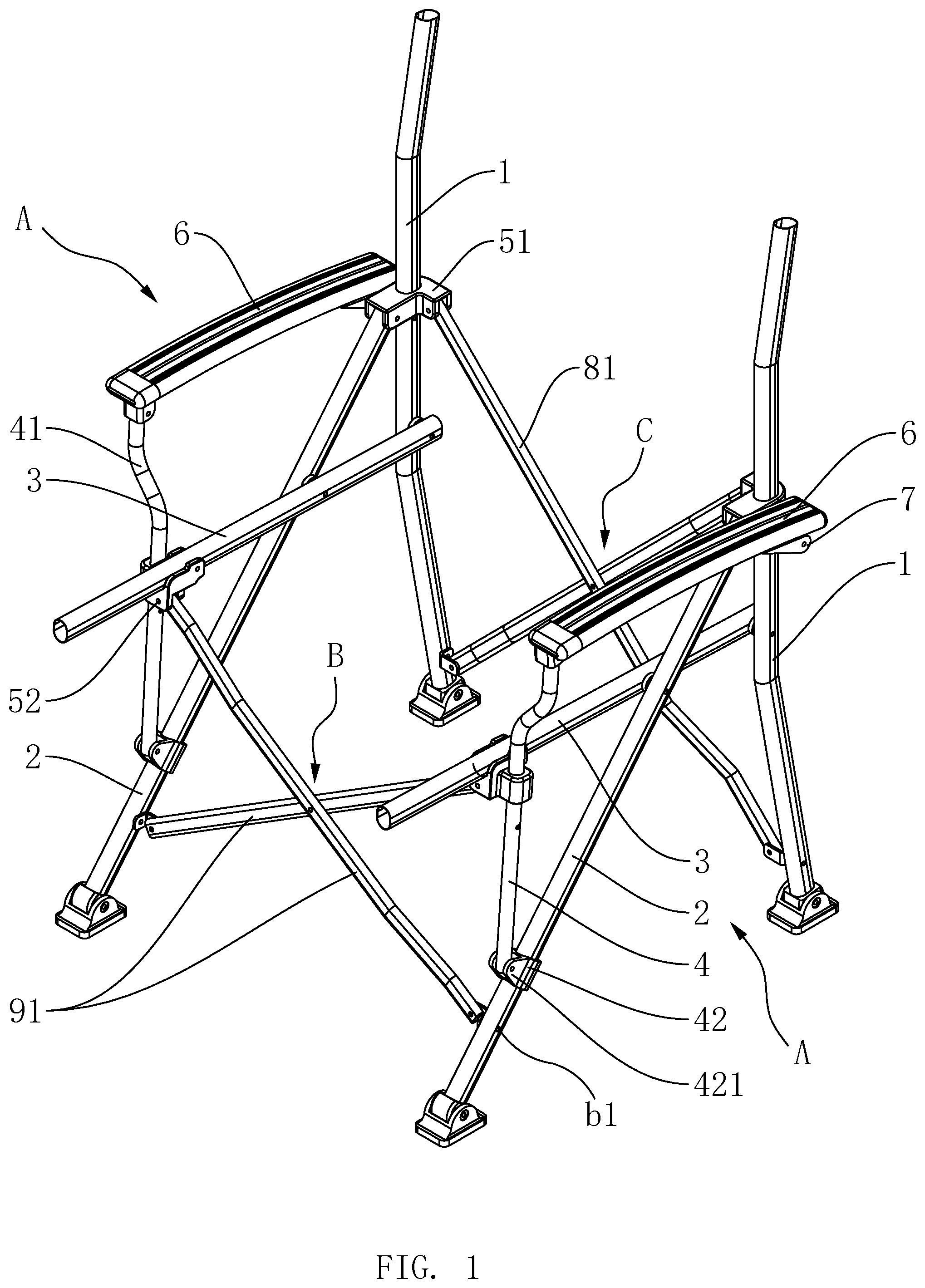 Patent US12310511 Figure 1 – Foldable chair frame with armrests