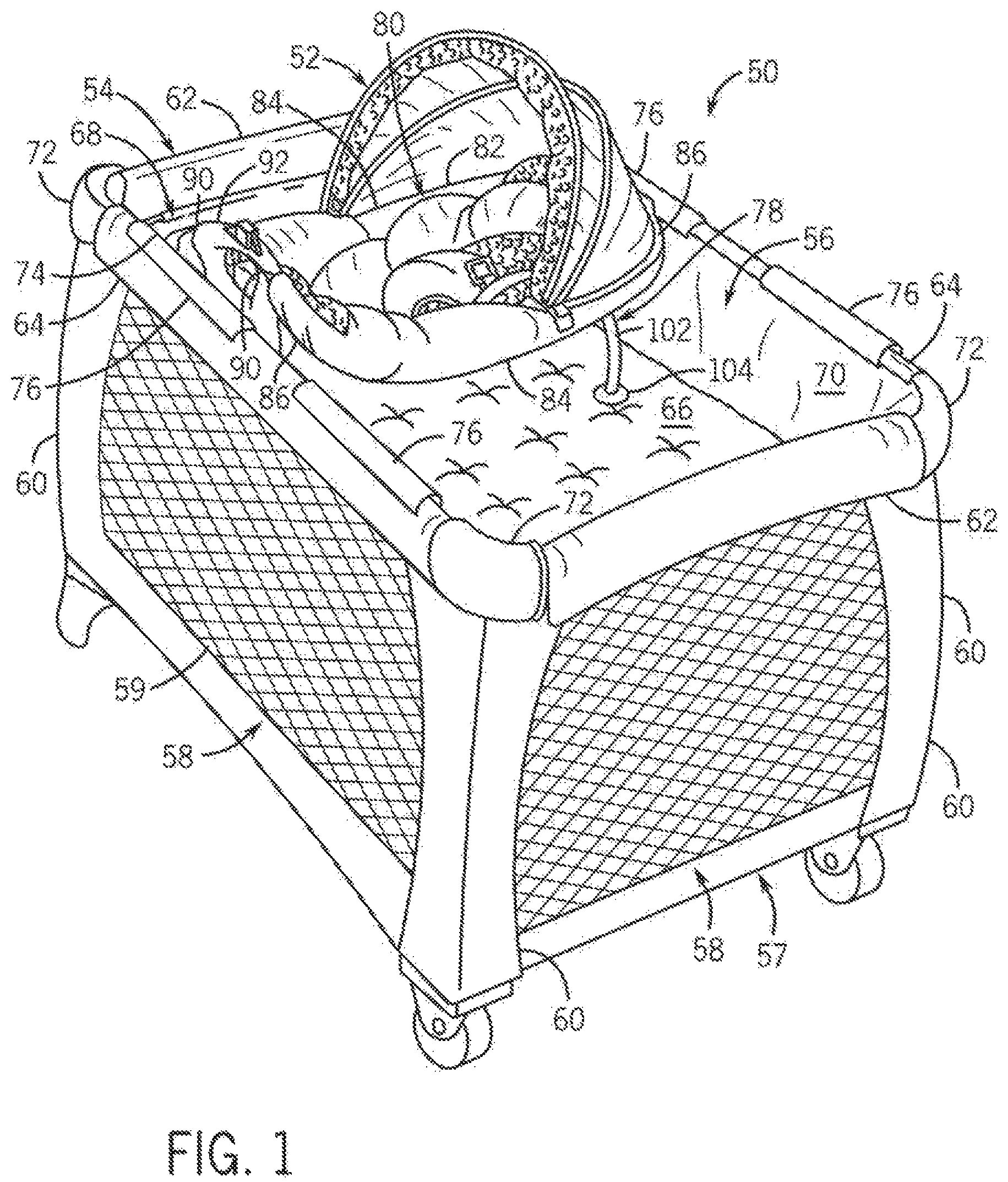 Patent US12310514 Figure 1 – Child containment system with multiple infant support modes