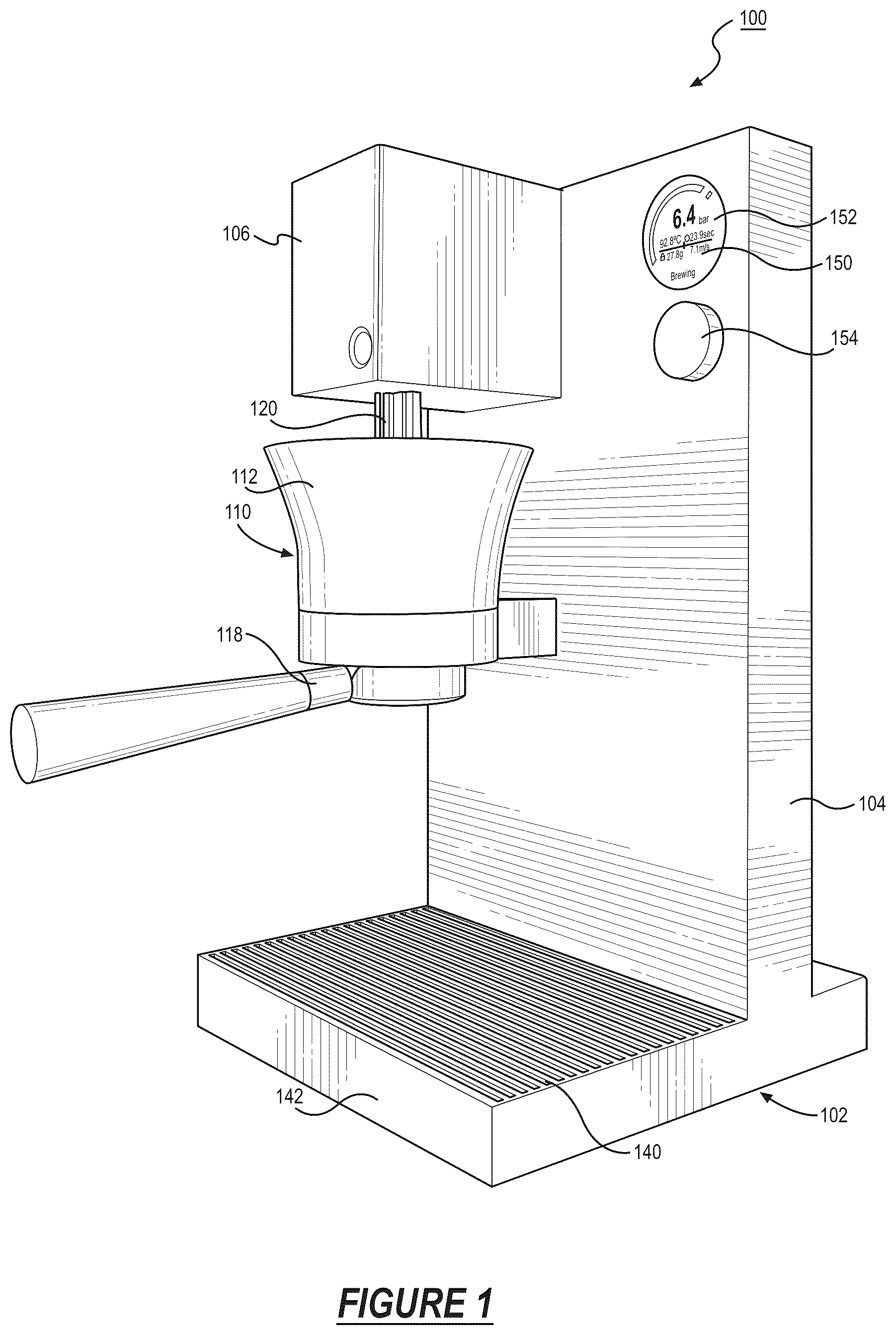 Patent US12310526 Figure 1 – System for automated brew cycles and machine controls and interfaces