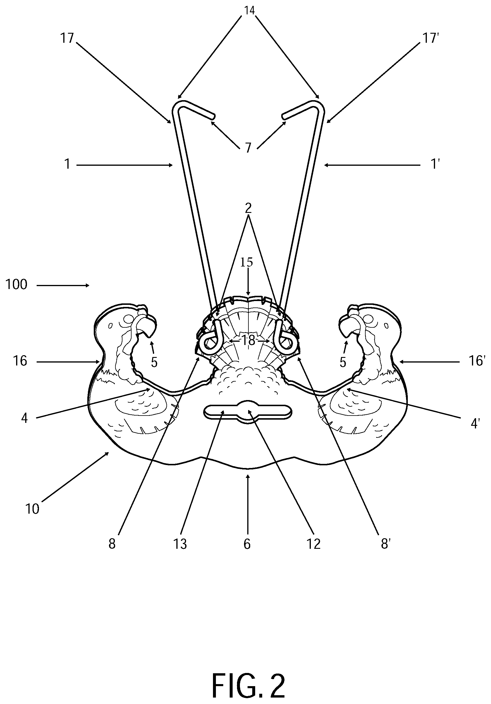 Patent US12310536 Figure 2 – Retaining device for trussing and cooking fowl