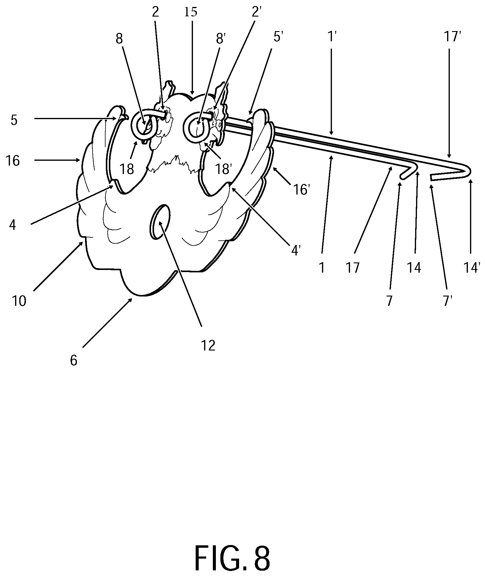 Patent US12310536 Figure 8 – Retaining device for trussing and cooking fowl