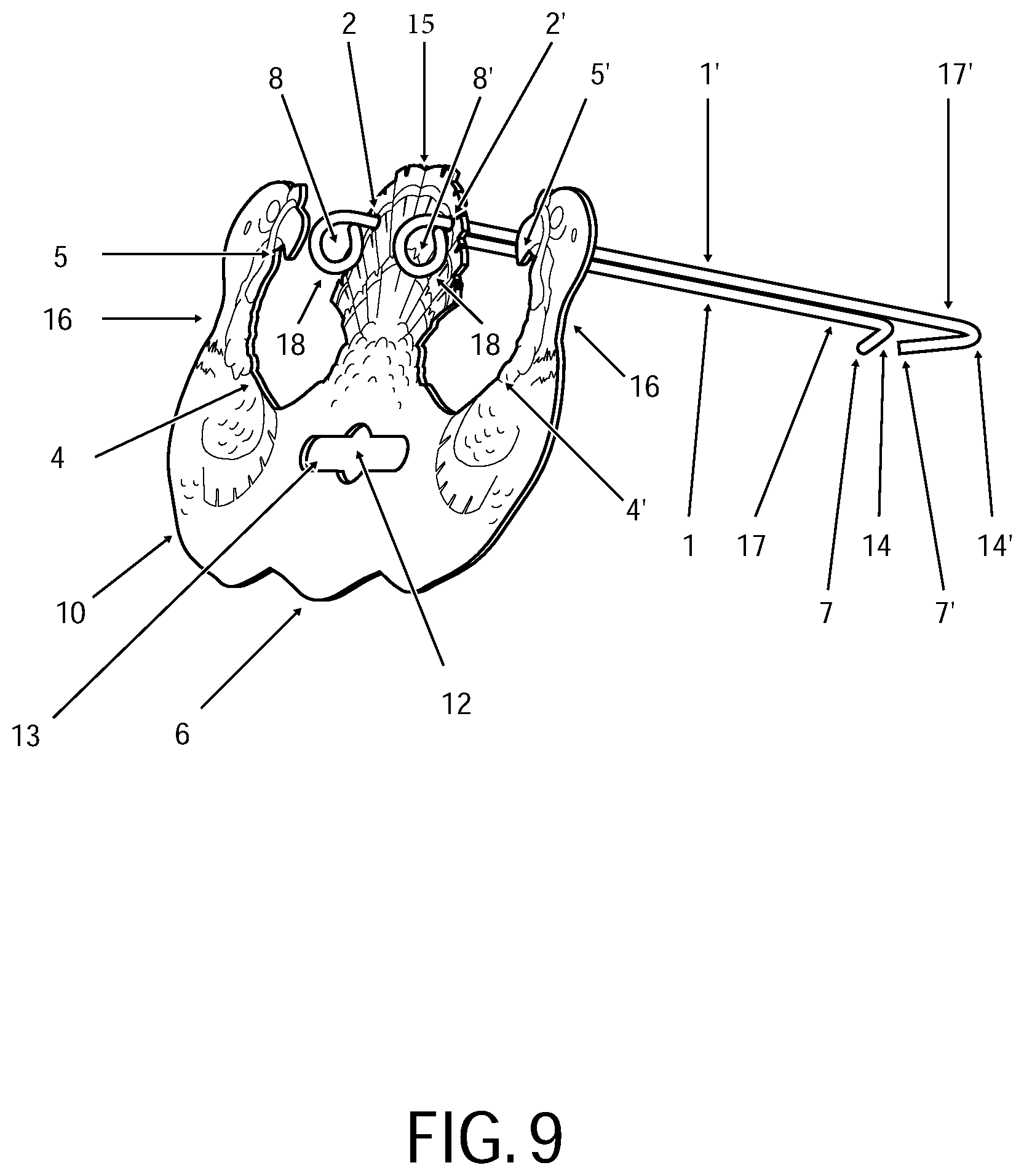 Patent US12310536 Figure 9 – Retaining device for trussing and cooking fowl