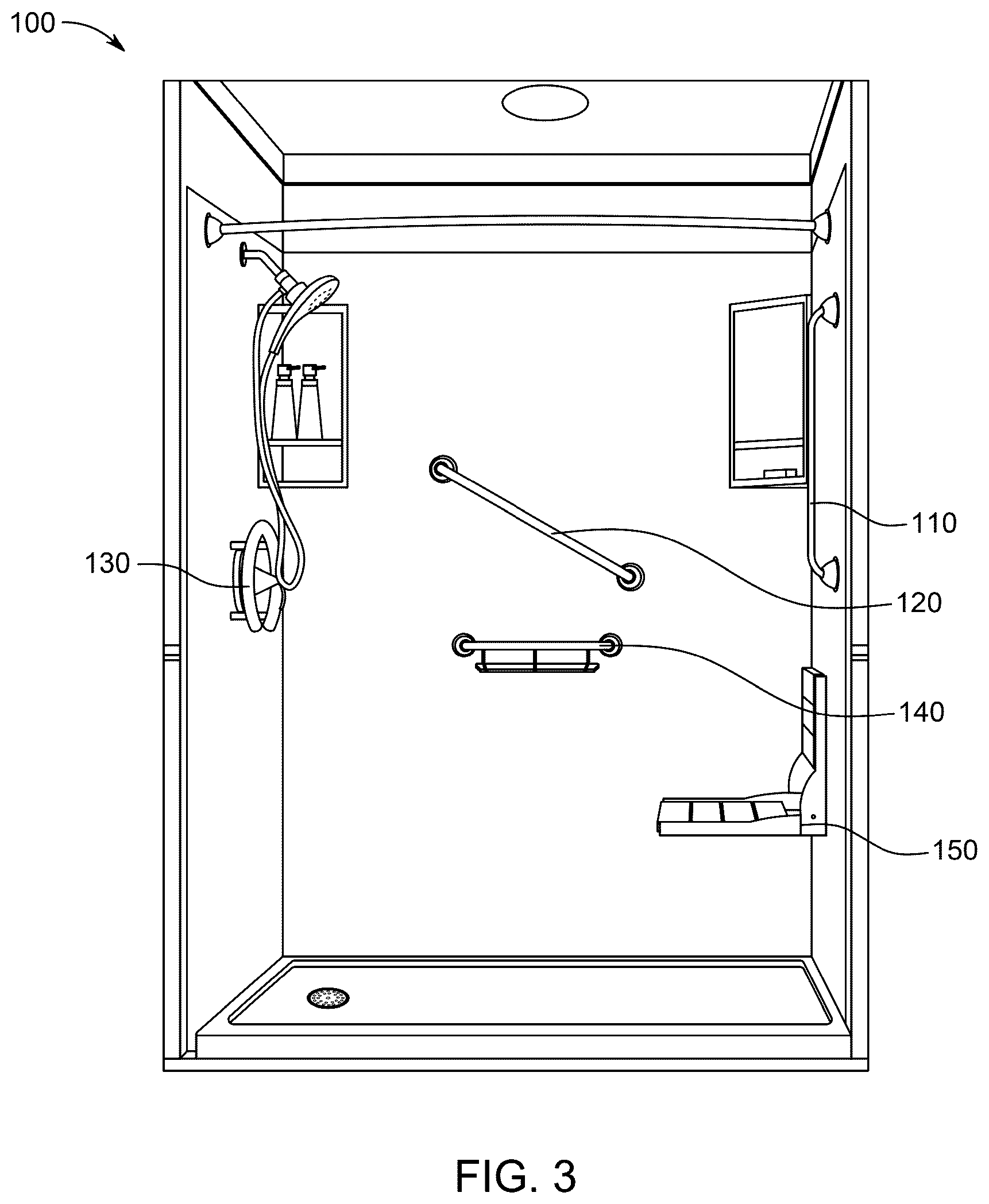 Patent US12310541 Figure 3 – Modular shower base kit