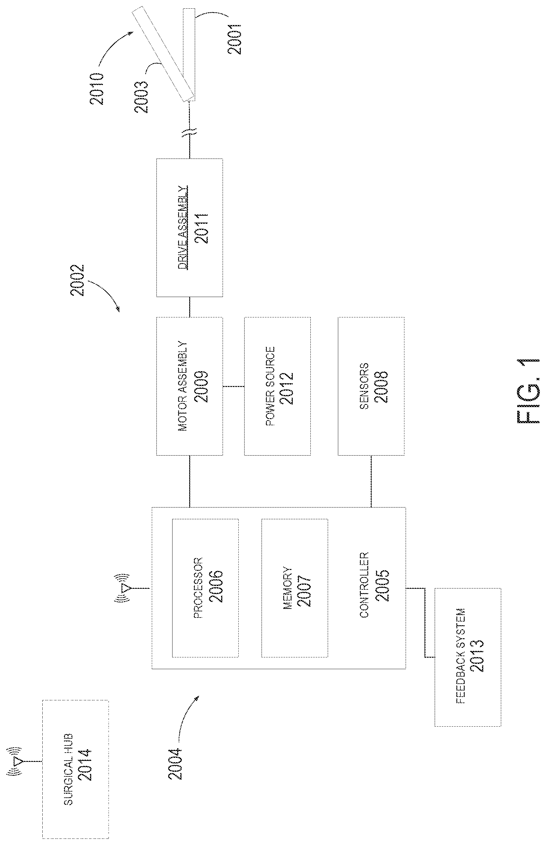 Patent US12310582 Figure 1 – Control circuit for actuating motorized function of surgical stapling instrument utilizing inertial drive train properties