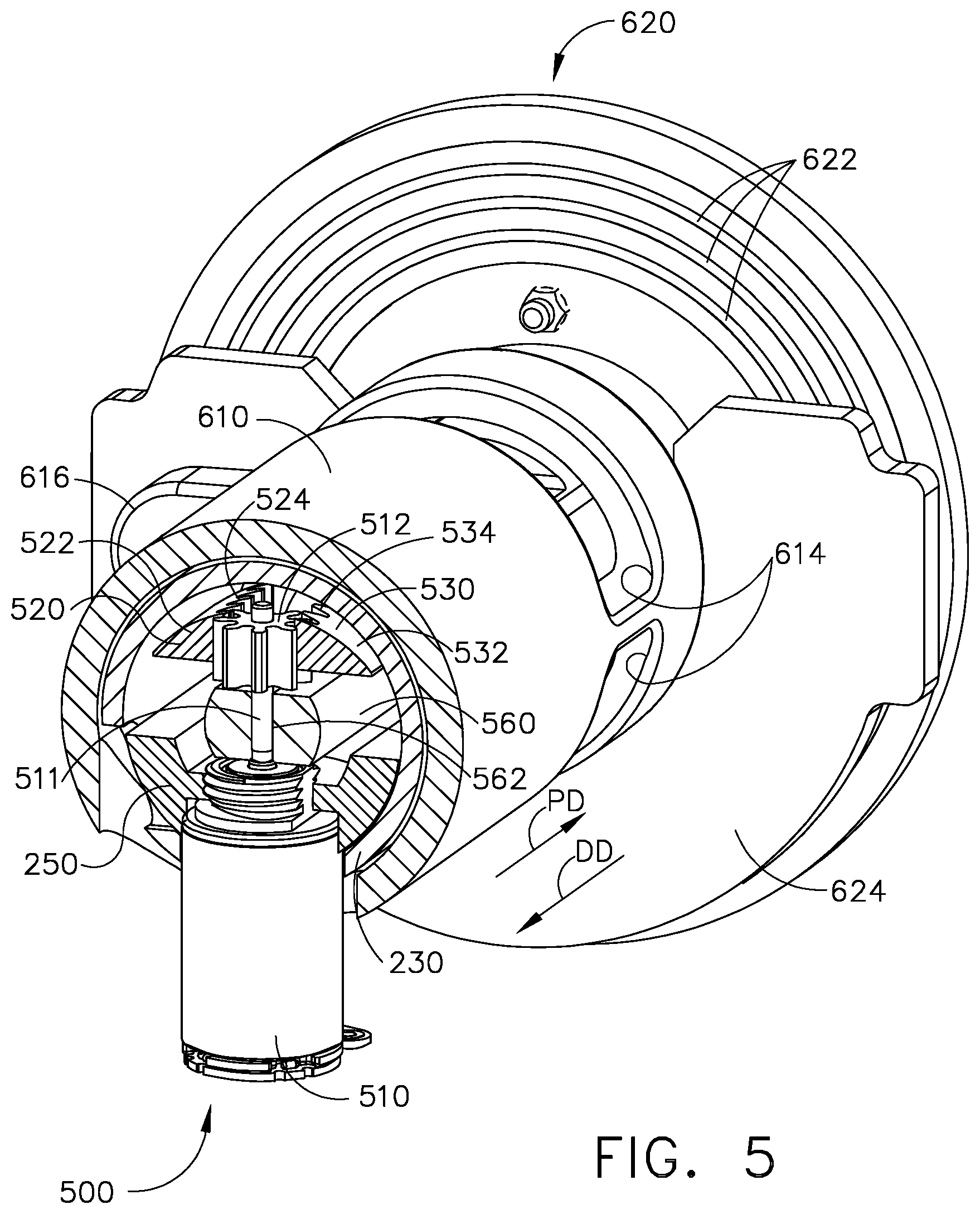Patent US12310584 Figure 5 – Locking arrangements for detachable shaft assemblies with articulatable surgical end effectors