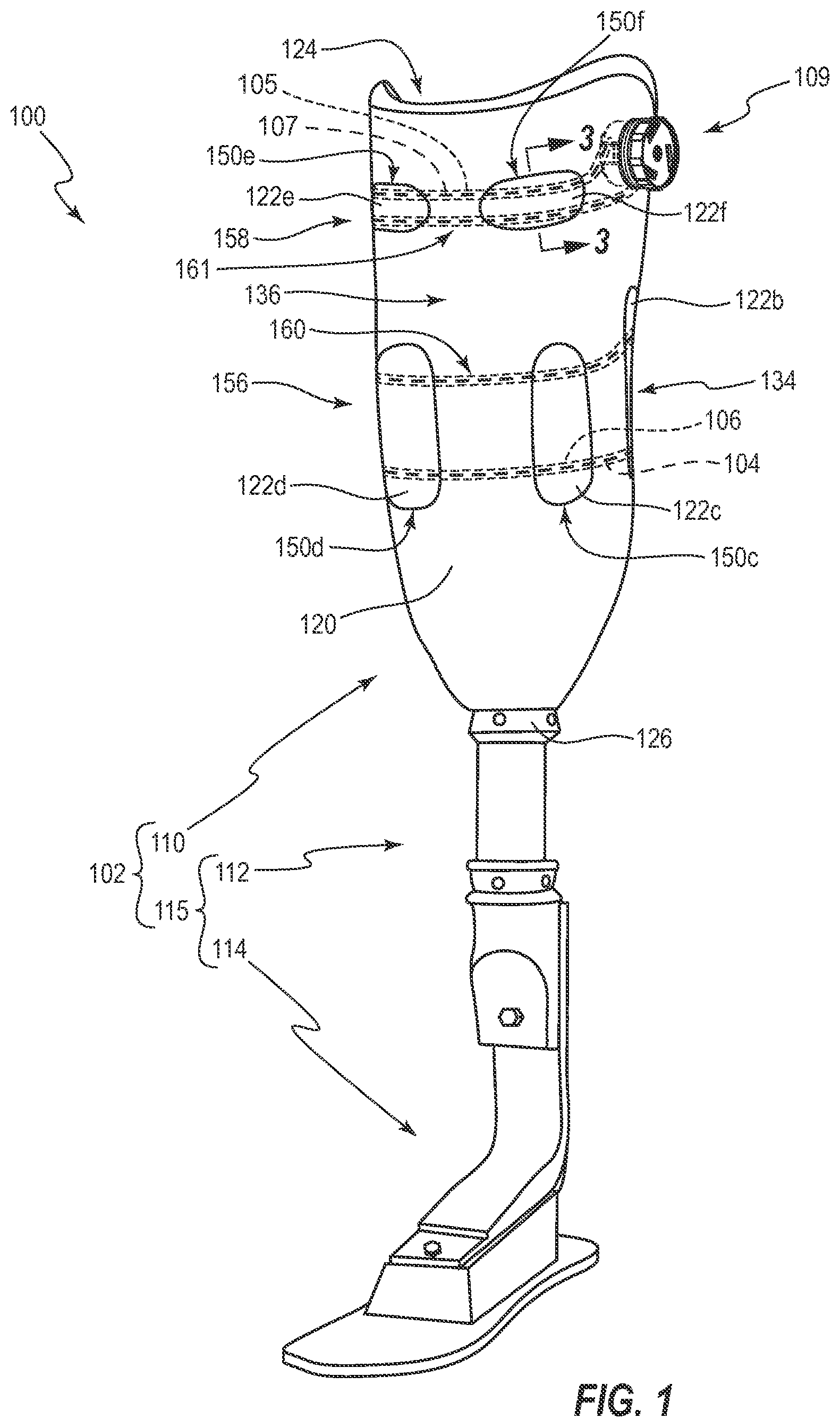 Patent US12310864 Figure 1 – Adjustable prosthetic interfaces and related systems and methods