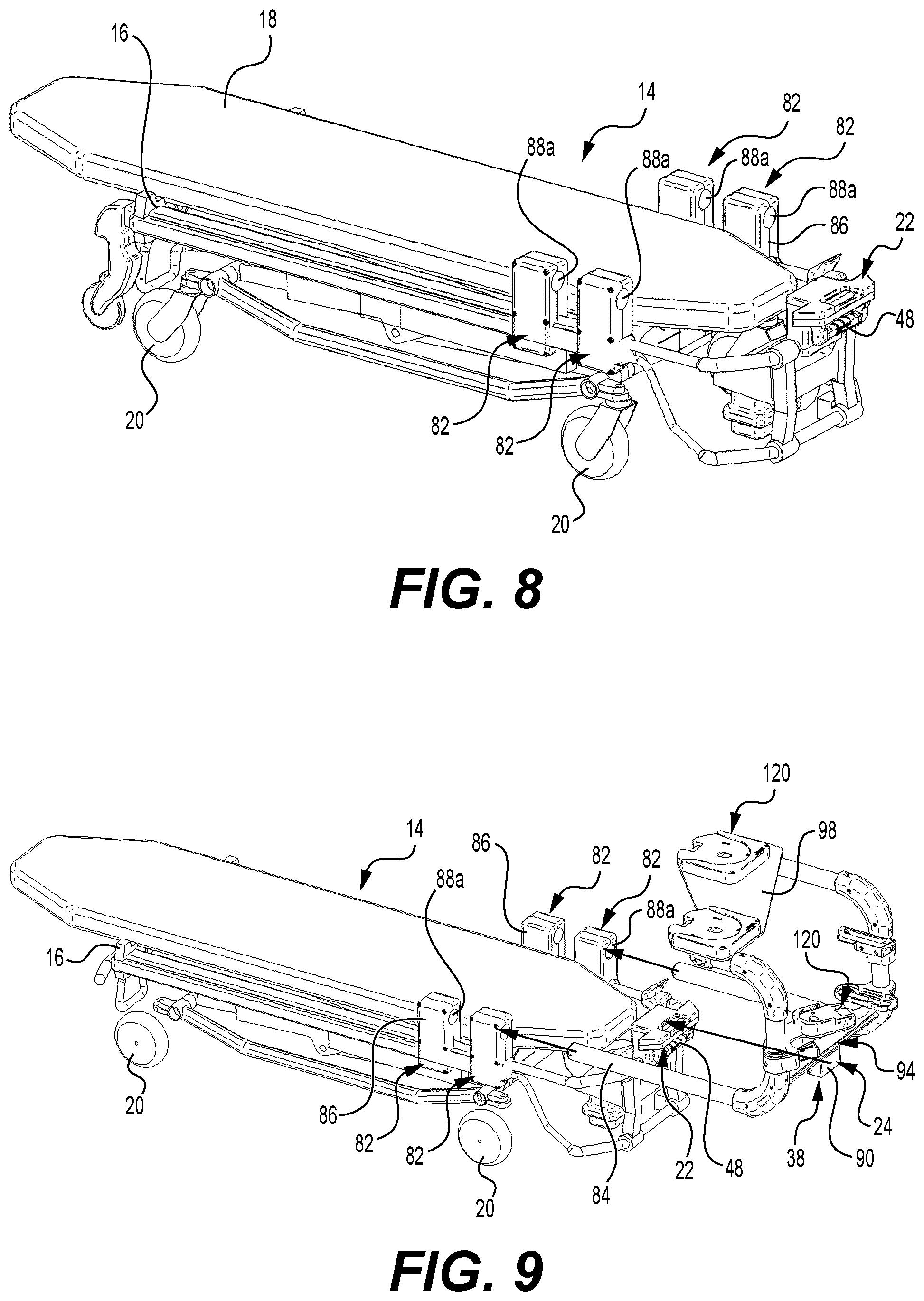 Patent US12310901 Figure 11 – Coupling systems for releasably coupling equipment to a patient transport systems