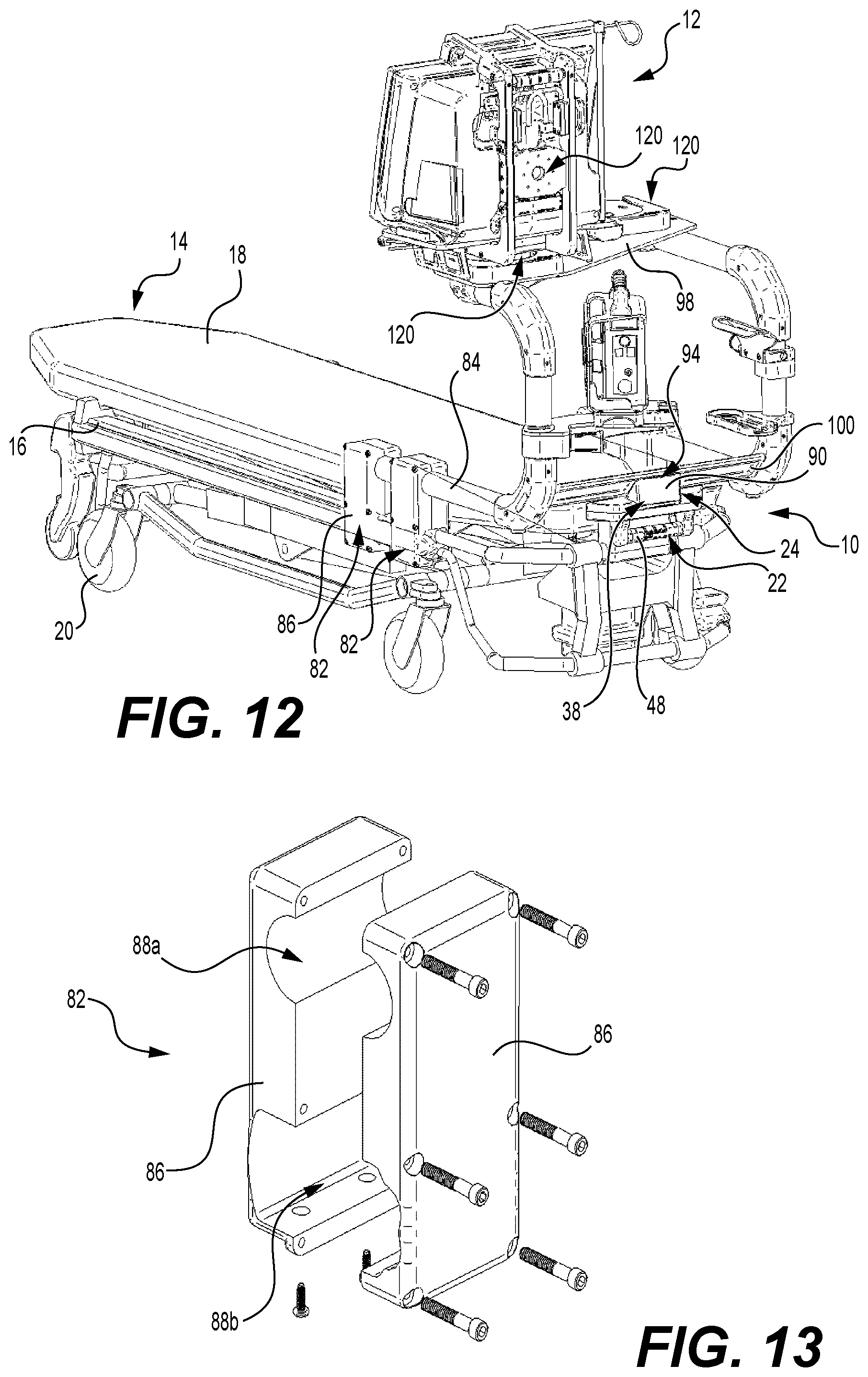 Patent US12310901 Figure 13 – Coupling systems for releasably coupling equipment to a patient transport systems