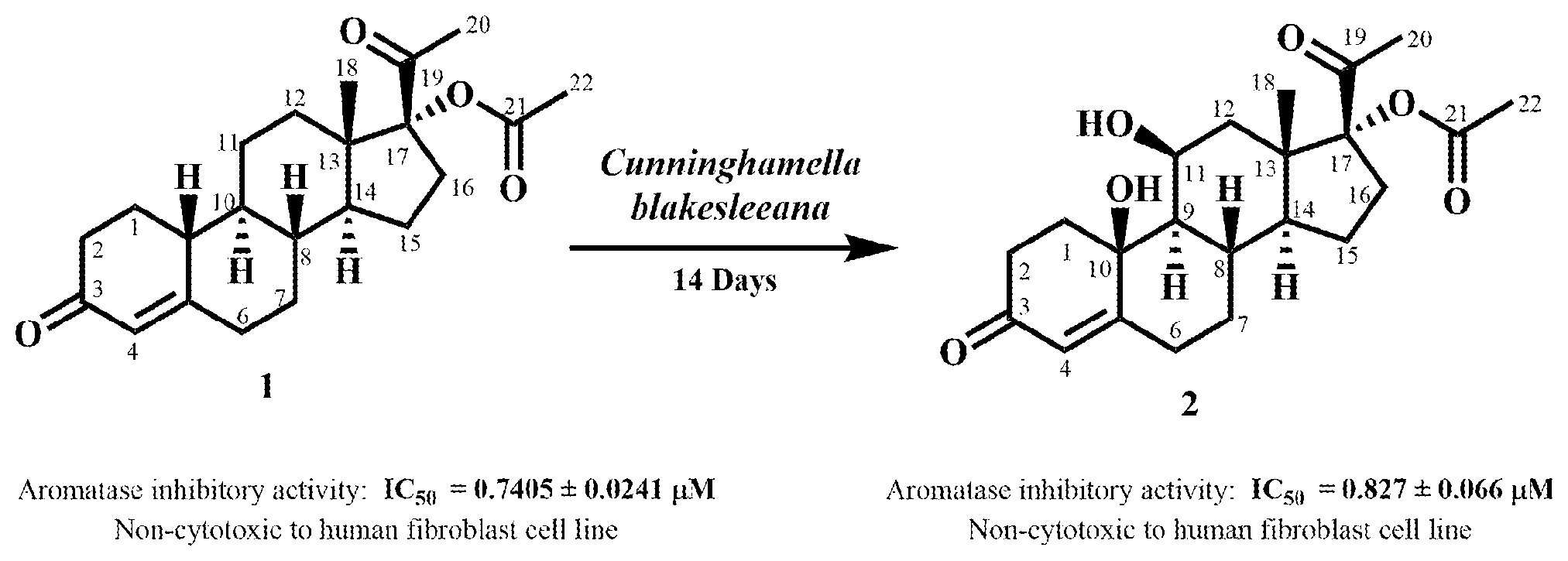 Patent US12310980 Figure 1 – Synthesis of a potent aromatase inhibitor 17α-acetoxy-10β,11β-dihydroxy-progesterone for the treatment of ER+ breast cancer