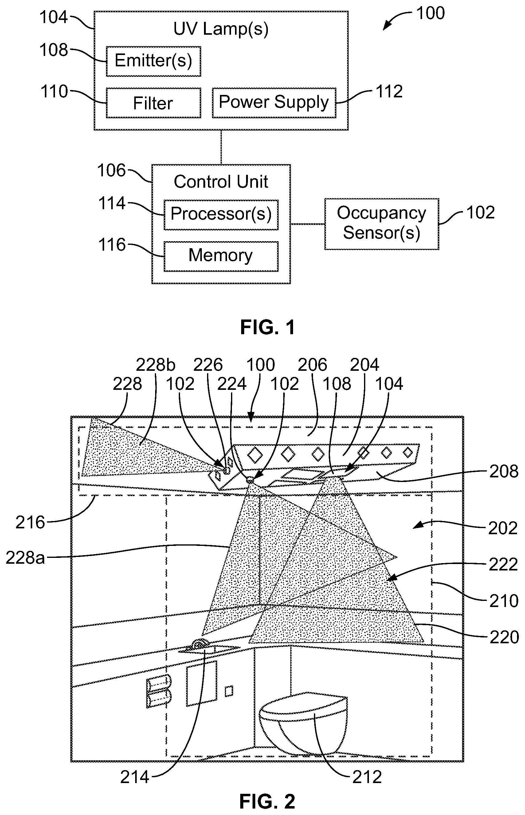 Patent US12311066 — Ultraviolet light sanitizing system and method with occupancy detection — Figure 1