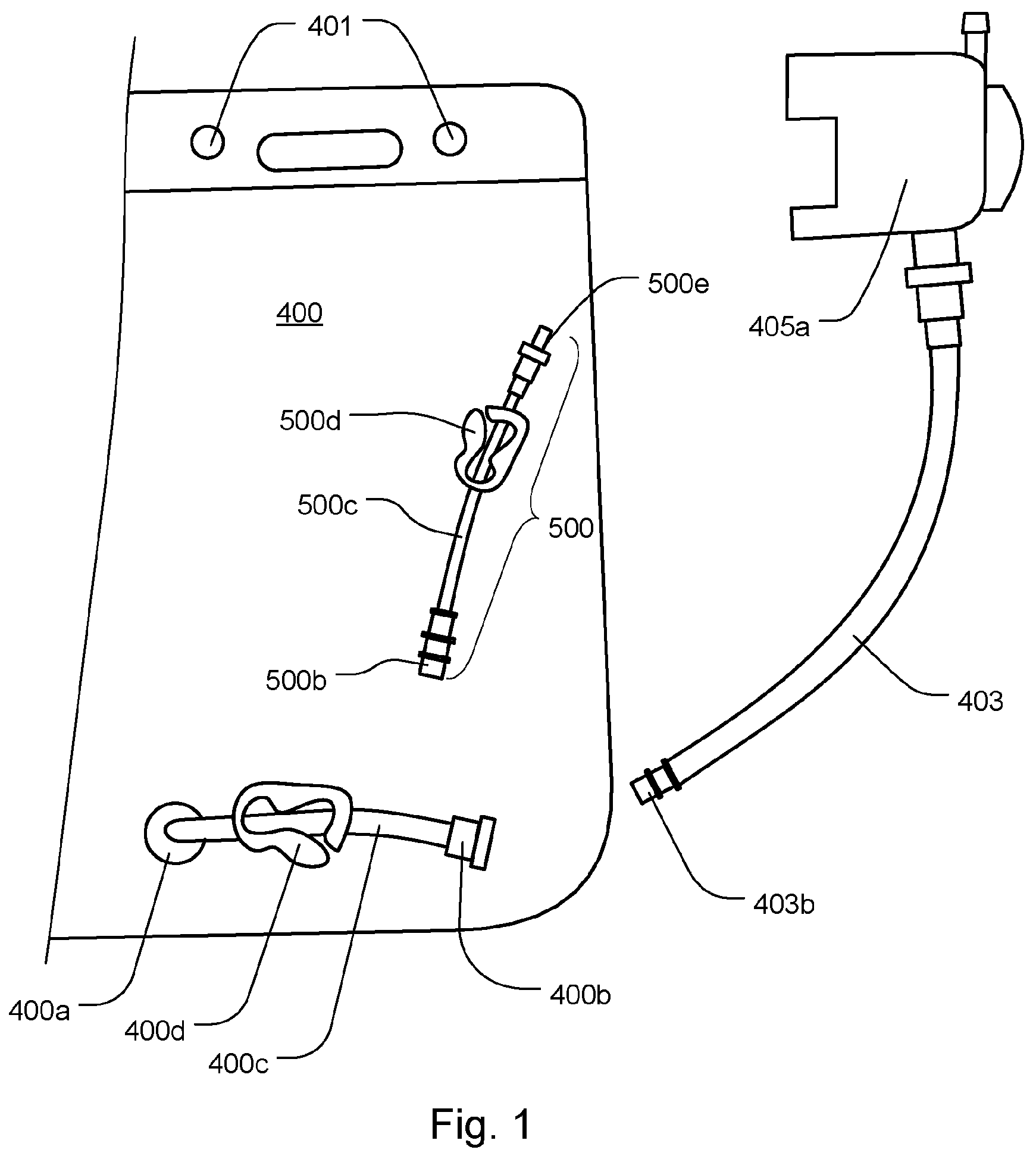 Patent US12311096 Figure 1 – Set comprising effluent bag and adapter