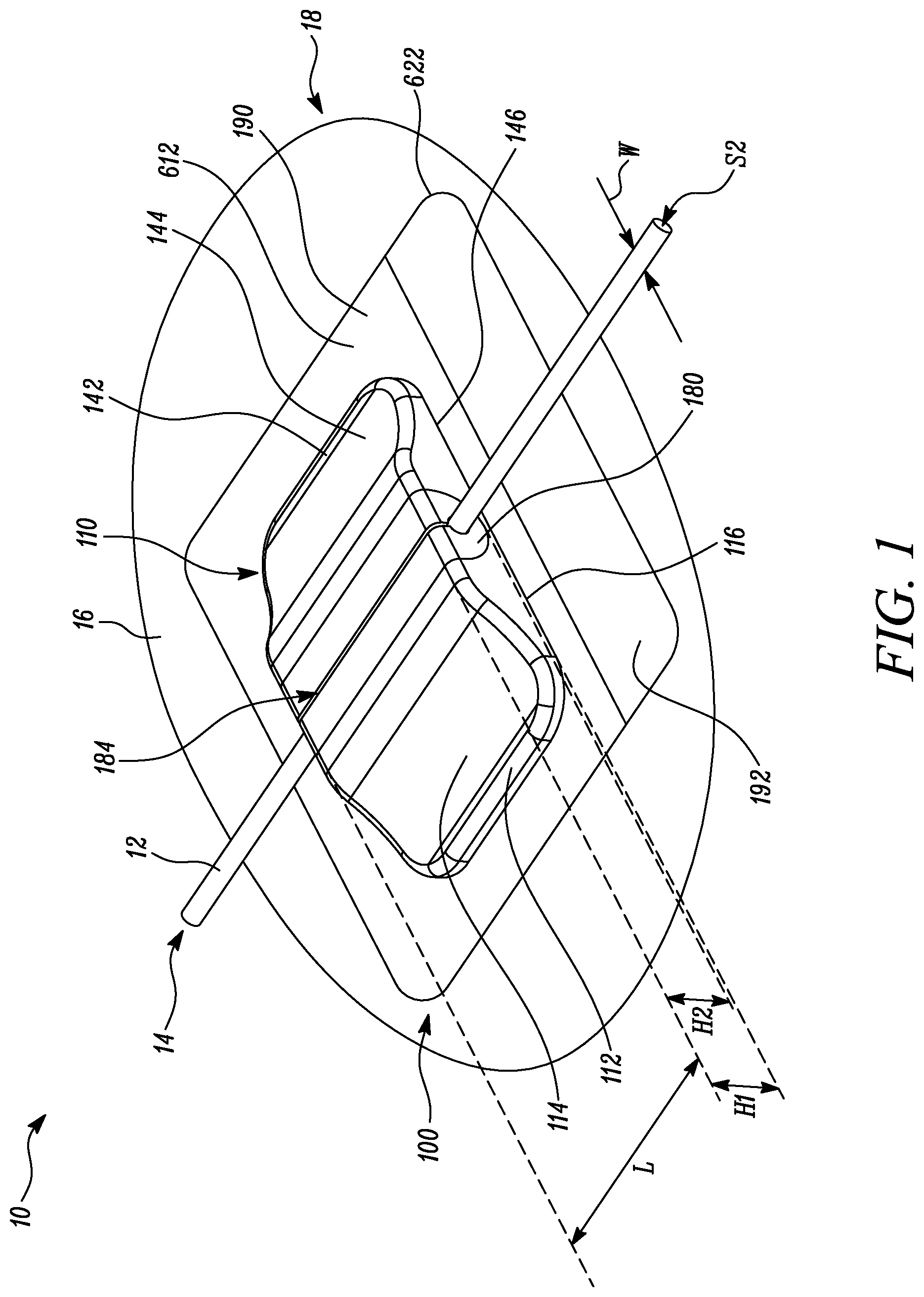Patent US12311126 Figure 1 – Securement device, kit comprising securement device, and method of securing securement device on skin of user