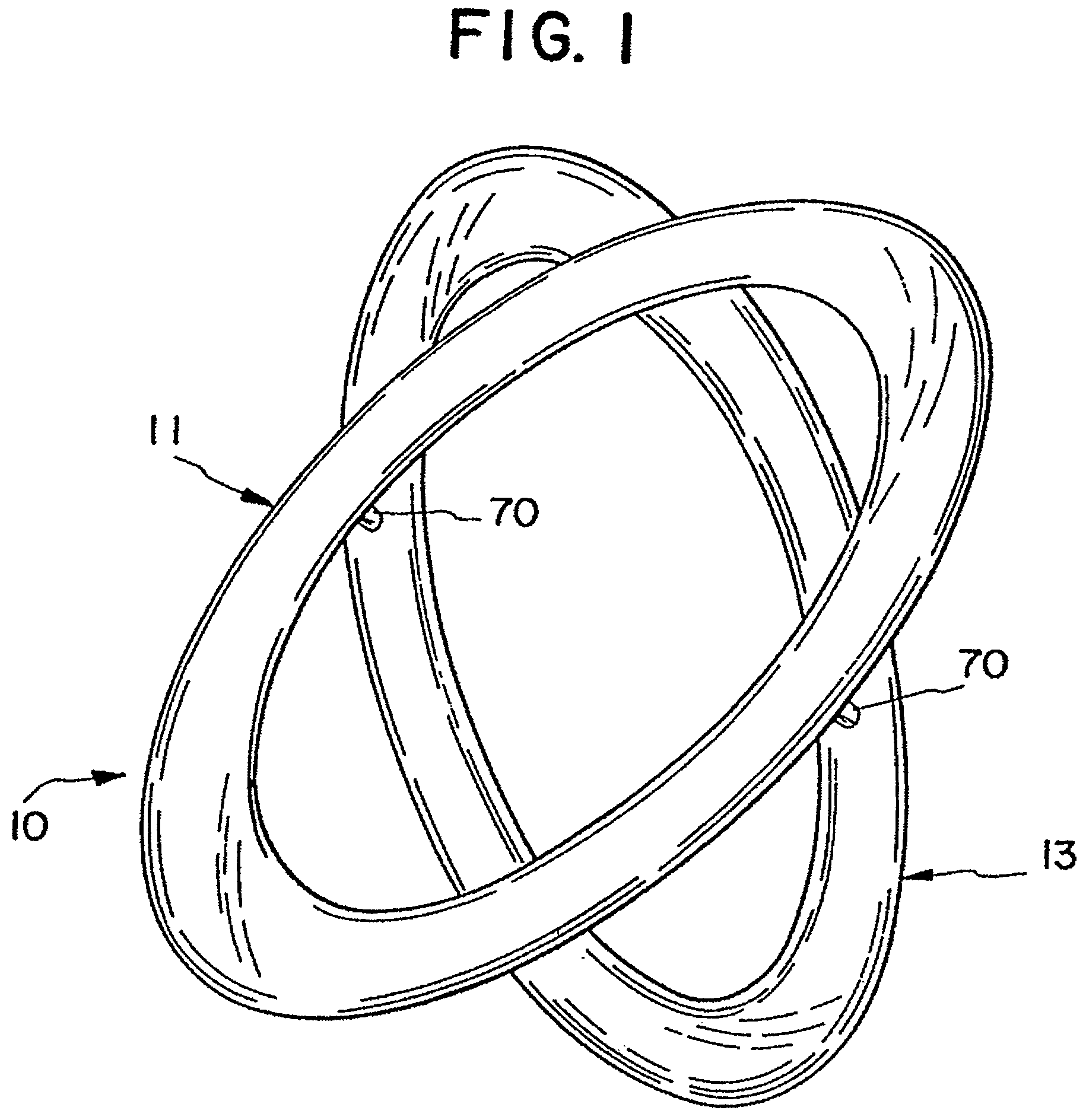 Patent US12311284 Figure 1 – Bi-elliptical flying toy with anhedral bent rings